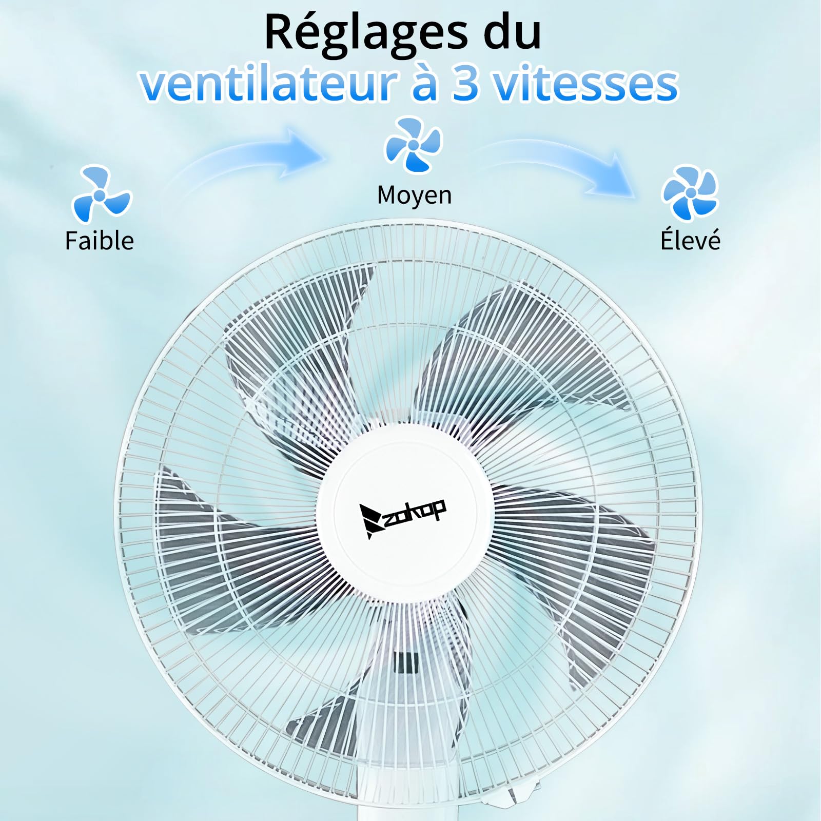 LEADZM Ventilateur pied 40cm 65W blanc hauteur 117-134cm | 5 pales double couche inclinable 3 modes minuterie intégrée
