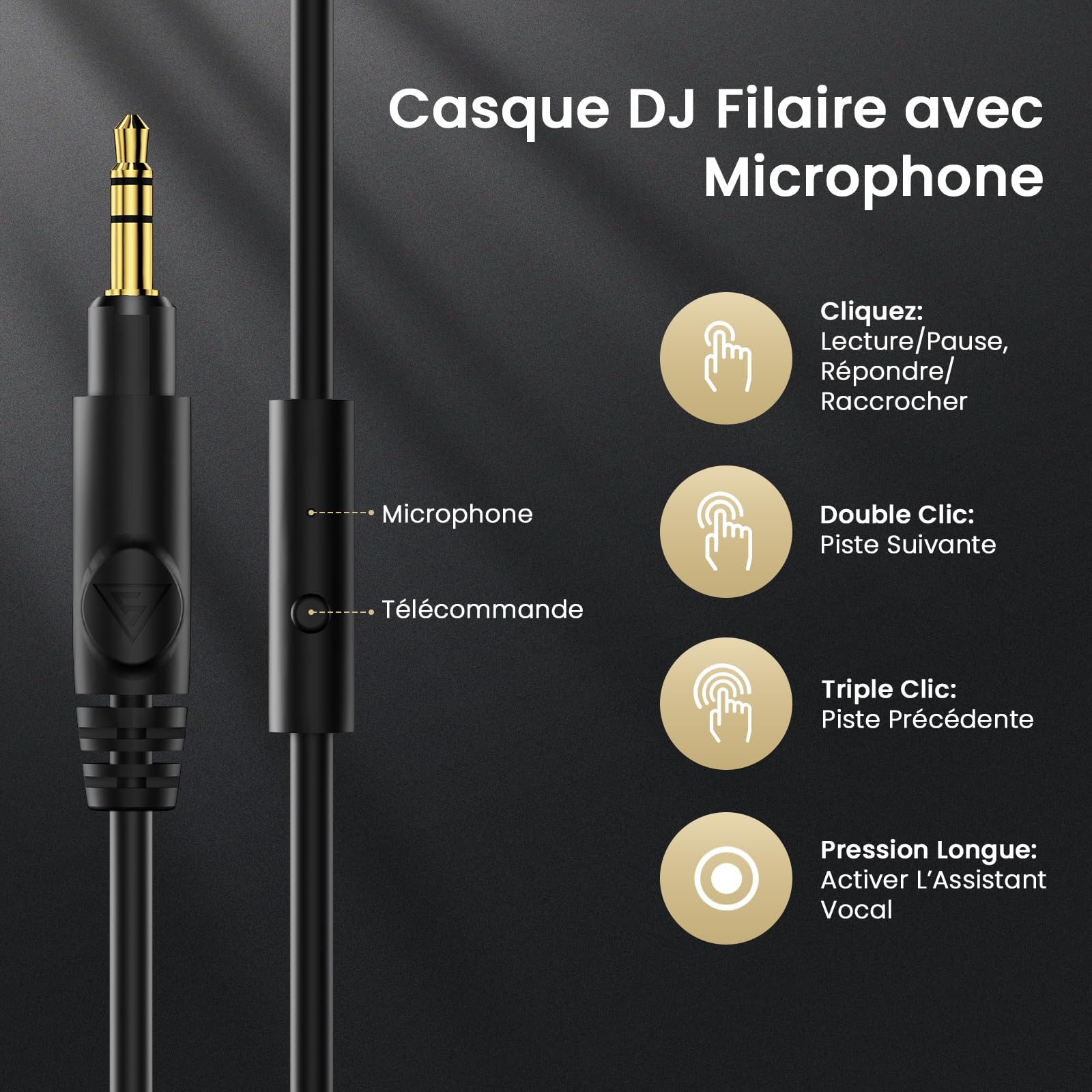 DOQAUS Casque Filaire, Contrôleur 50 mm, 2 câbles, Interface 3,5 et 6,35 mm, Casque DJ pour PC AMP Recording Phone Piano Guitare (Noir)
