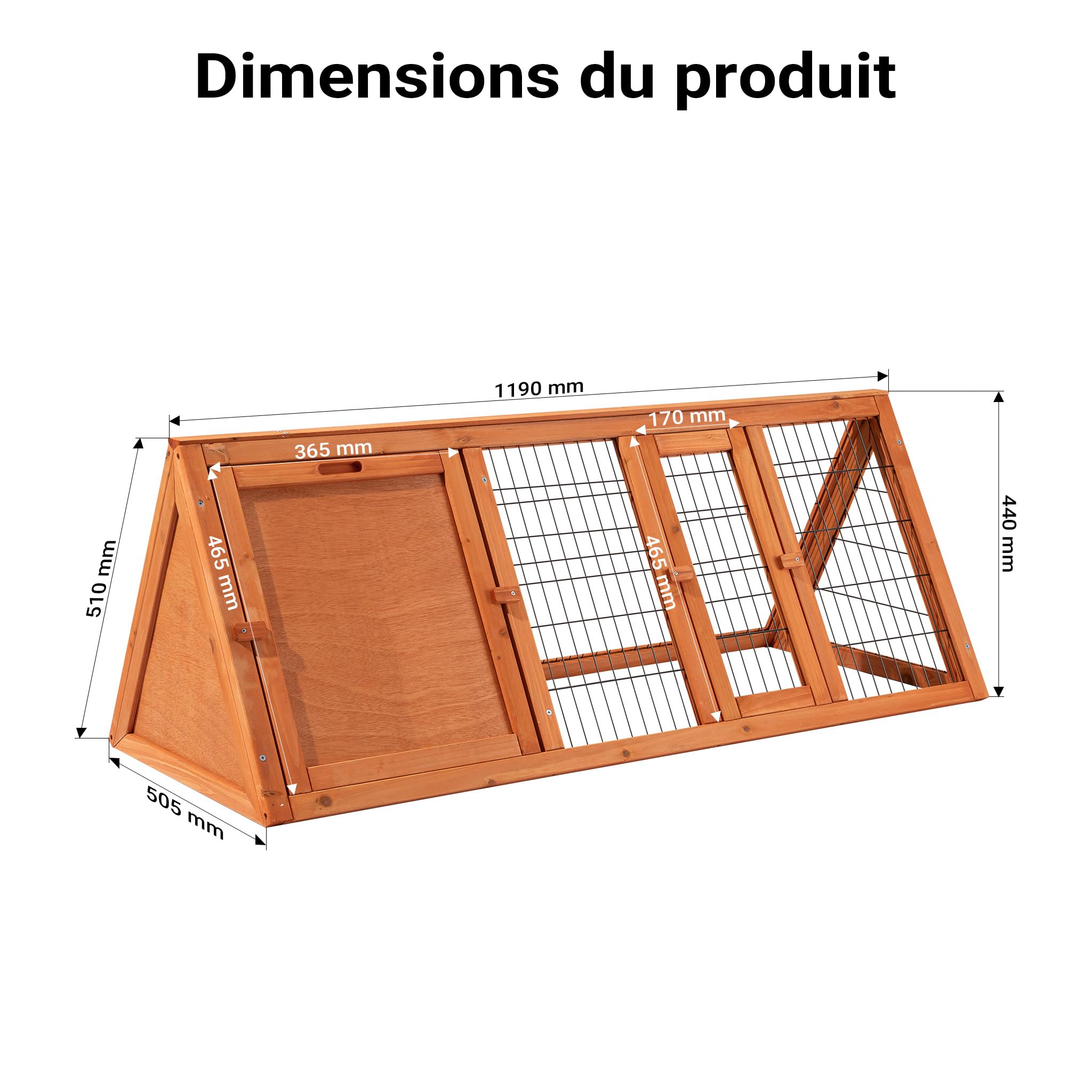 Wiltec Clapier Triangulaire – 1180 x 500 x 450 mm – Bois épicéa – avec 2 Portes, Enclos et Refuge – Abri Cage pour rongeurs Lapinière Nichoir Espace Libre pour Petits Animaux