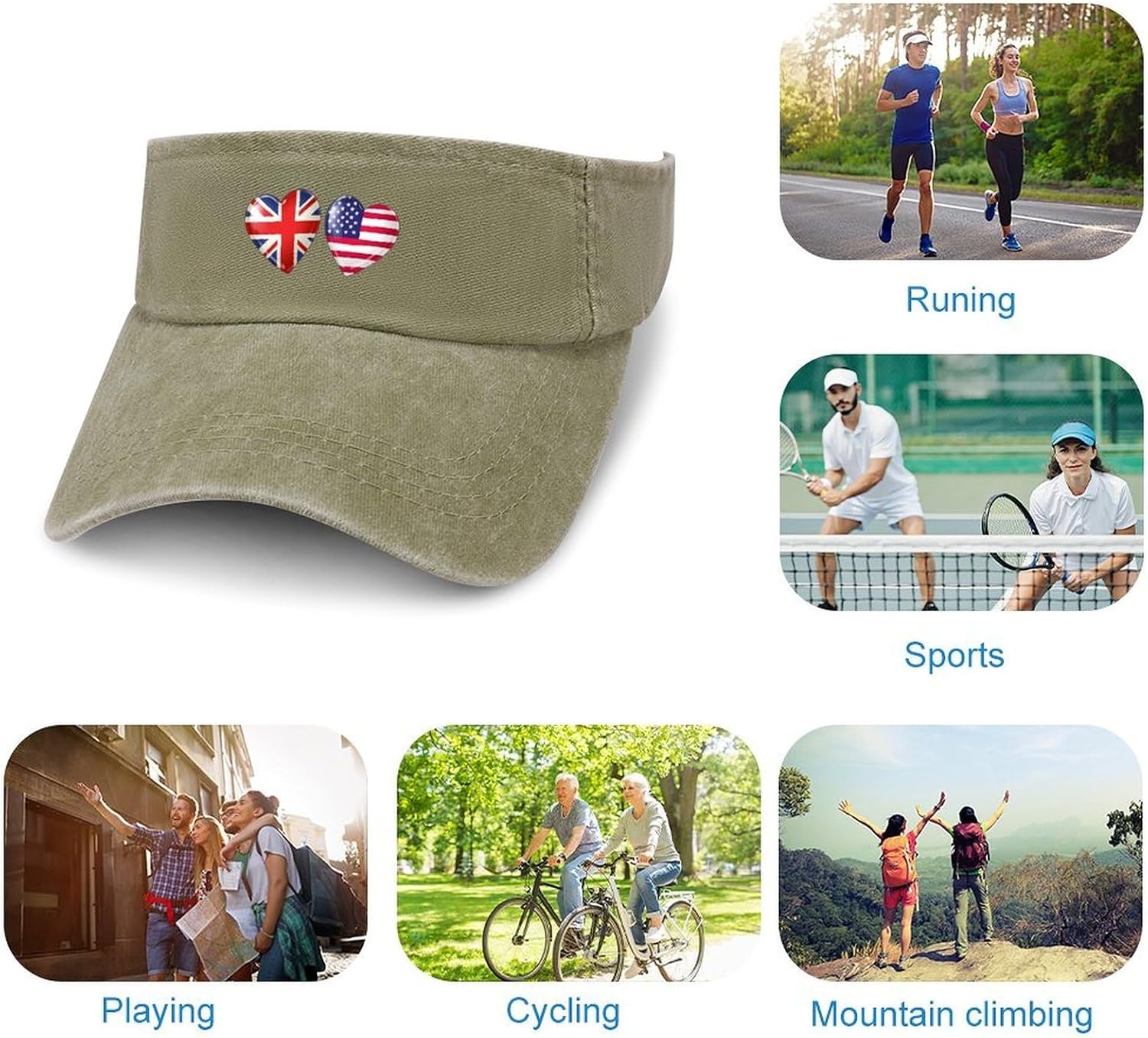 USA and British Flag Heart Sport Sun Visor Hats for Women Men Empty Top Baseball Cap Adjustable Denim Hat