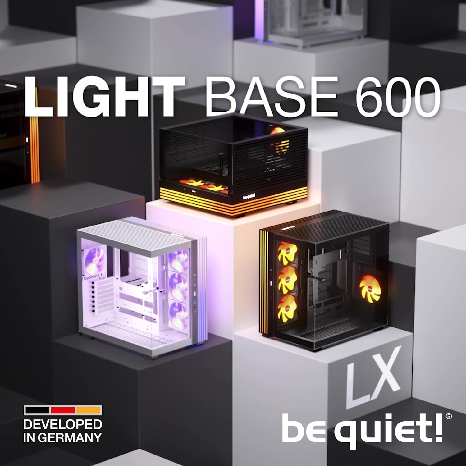 be quiet! Light Base 600 LX Black boîtier PC, Panneaux Avant et latéral entièrement vitrés, Éclairage Impressionnant, 4 Ventilateurs Light Wings LX 120 mm PWM, Inversée ou Horizontale