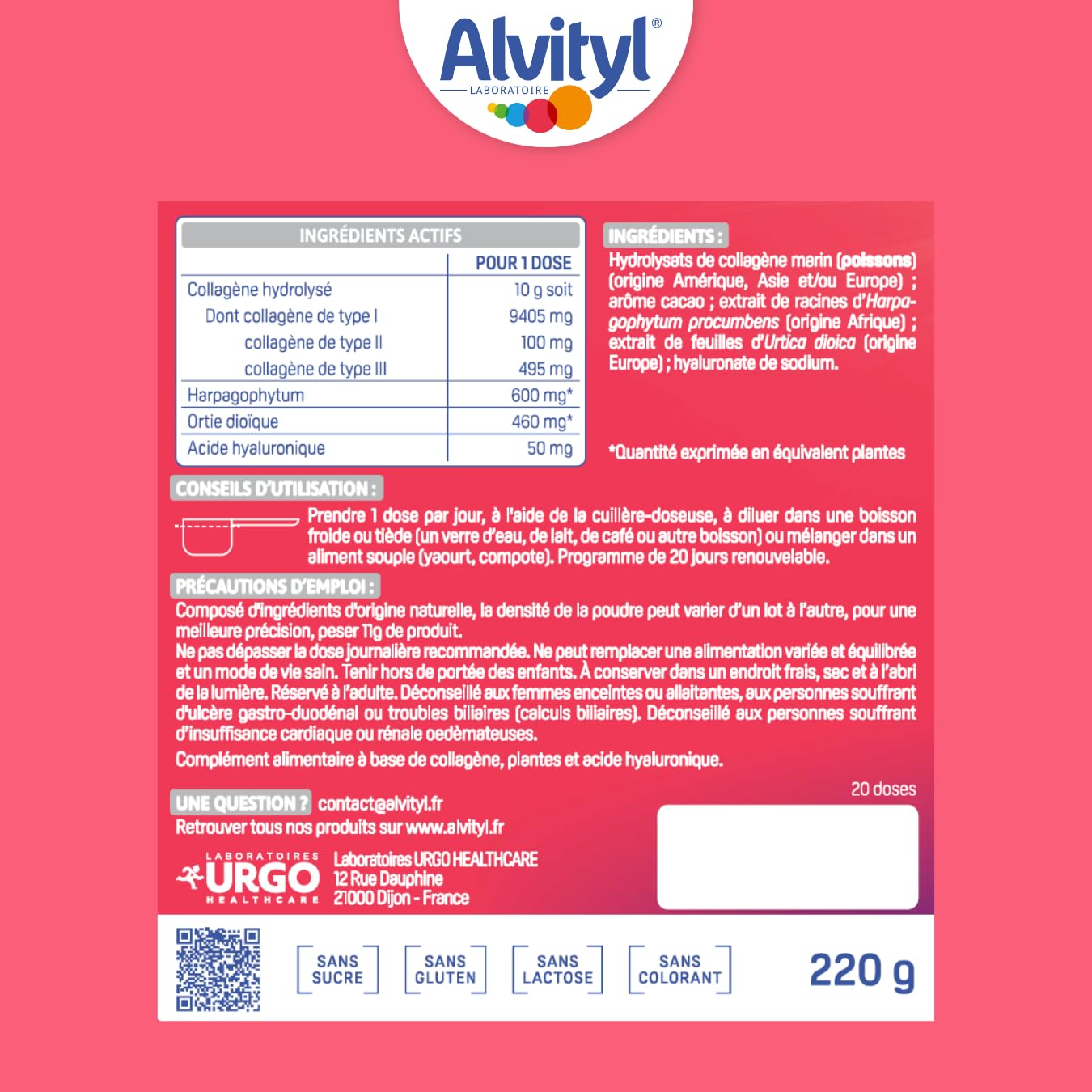Alvityl Chondroflex - Collagène hydrolysé de Type 1,2 et 3 – Harpagophytum – Acide hyaluronique – Ortie Dioïque- Hautement assimilable – Goût Chocolat - 10,5g par jour – 220 gr