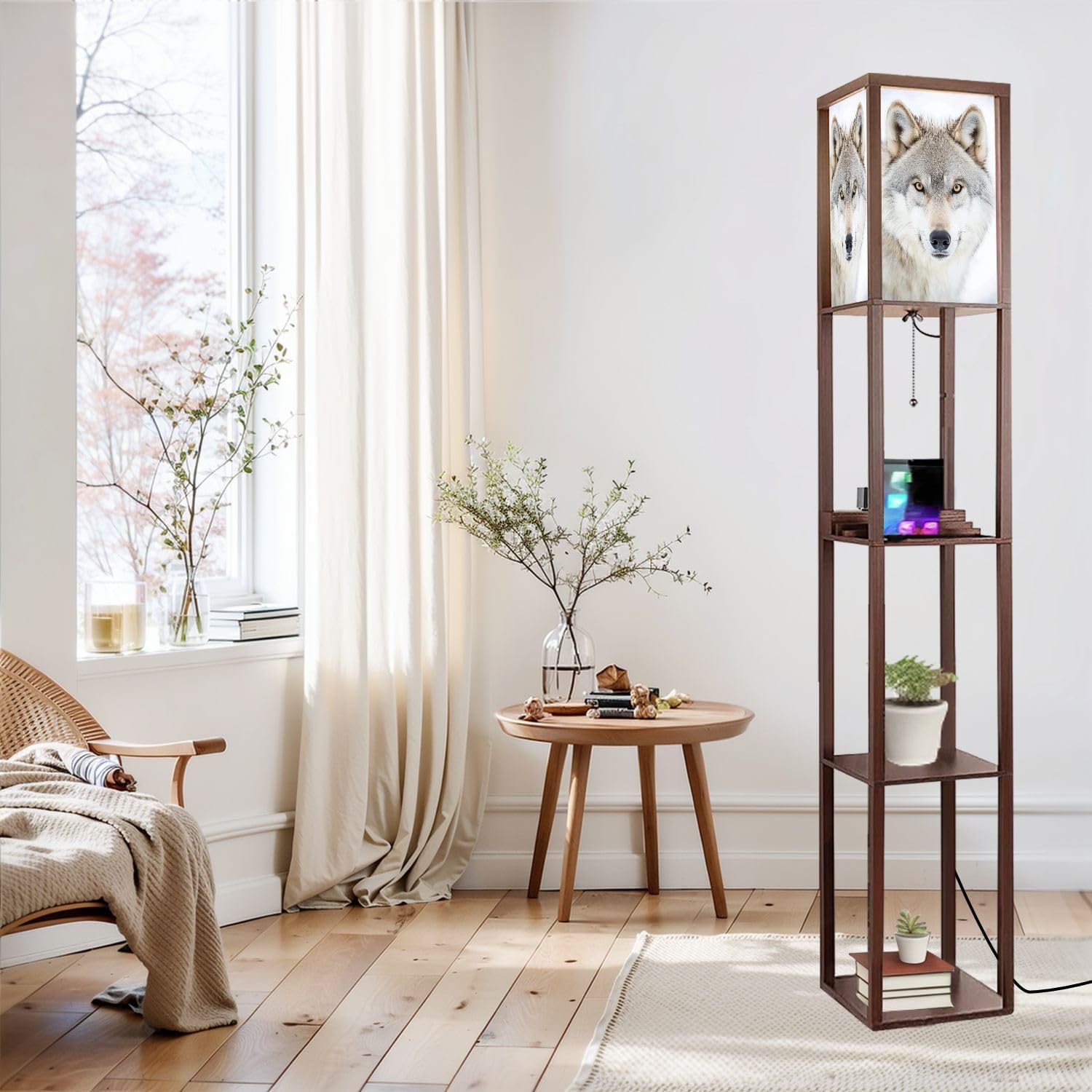 Floor Lamp with Shelves Close up Winter Standing Tall Lamp USB Ports & Power Outlet Modern Corner Lamp Nightstand Light for Living Room Bedroom