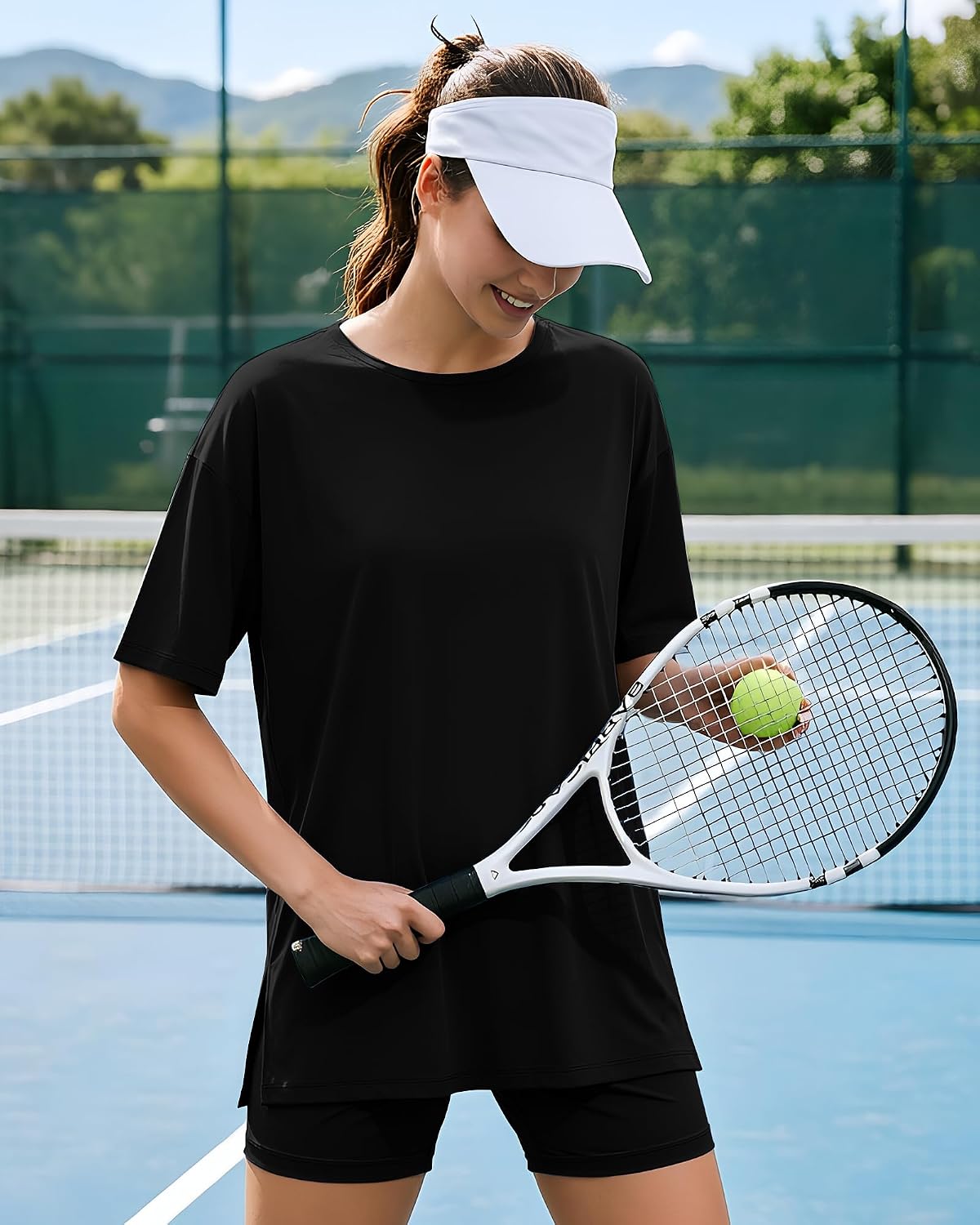 Womens 2 Piece Outfits Athletic Sets Summer Side Slit Longline Top High Waisted Biker Shorts Gym Workout Clothes image 3