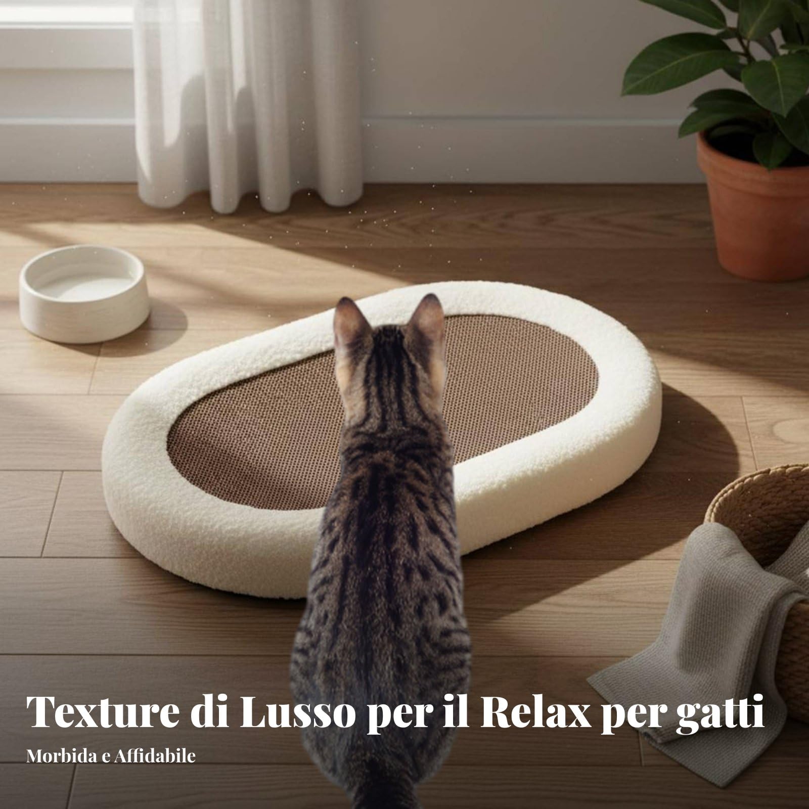 Tavoletta Tiragraffi per Gatti Arricchita da Ciotola Ergonomica Palla Divertente Tappetino Antiscivolo Corda di Sisal Resistente Adatto per Riposo, Marrone Ovale