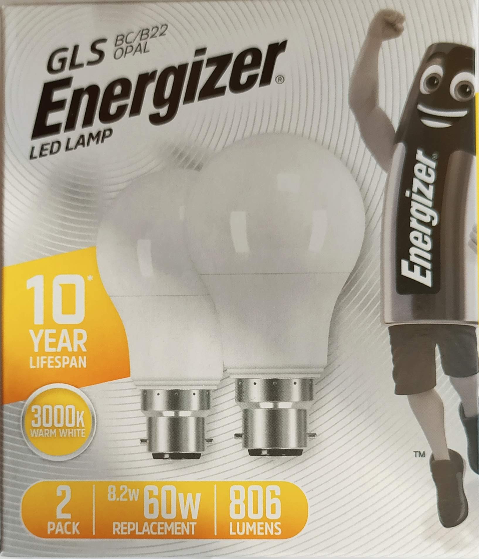 Energizer Warm White - Standard Led Bulb B22, 806 Lumens, 8.2W/60W, 300K, 2 Pieces. - Eneames16709