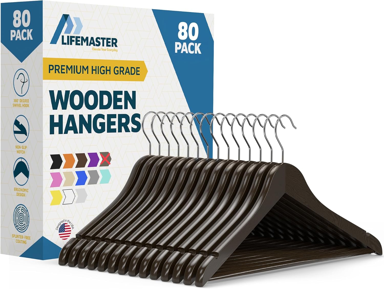 Wooden Hanger Set - 80 Pieces Non-Slip Versatile Closet Space-Saving Hanger Set for Suit, Coat, Camisole, Jacket, Pants, and Dresses with 360 Swivel Hook - Vintage