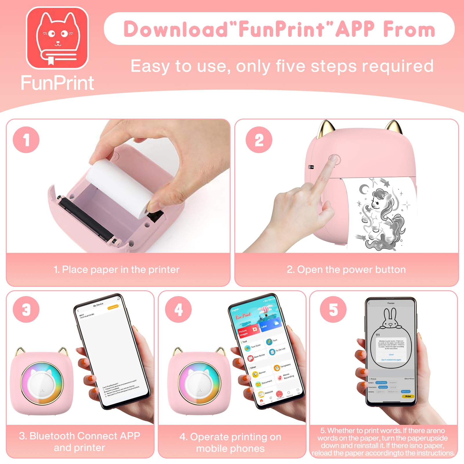 Mini Impresora para Movil, Mini Impresora Termica Fotográficas, Bluetooth Inalámbrico Impresora Térmica, Portátil Impresora Termica, Movil Impresora Fotos, para Fotos Nota, Rosa