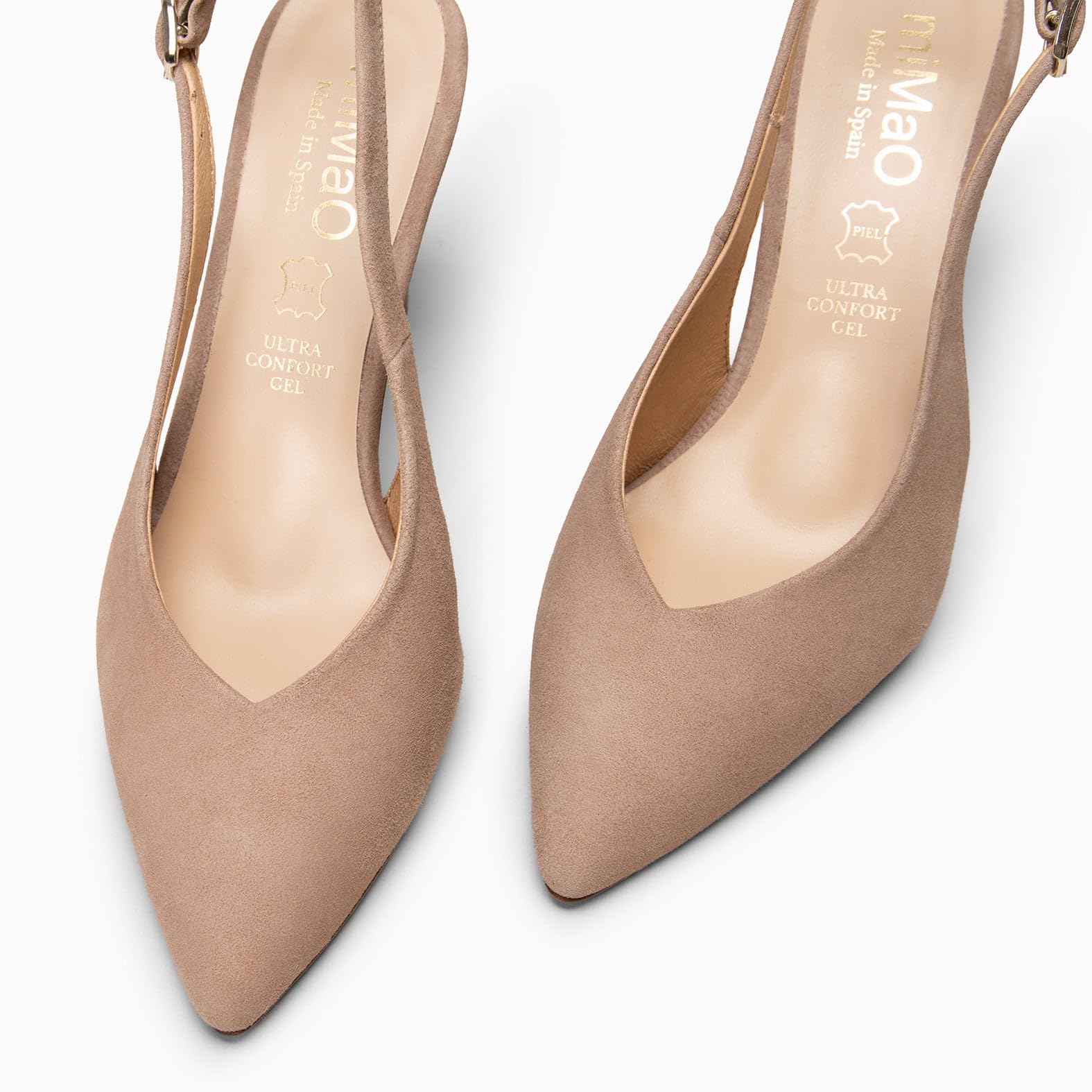 miMaO. Zapatos de Vestir de tacón Alto con Plantilla de Gel. Piel de Ante. Hecho en España