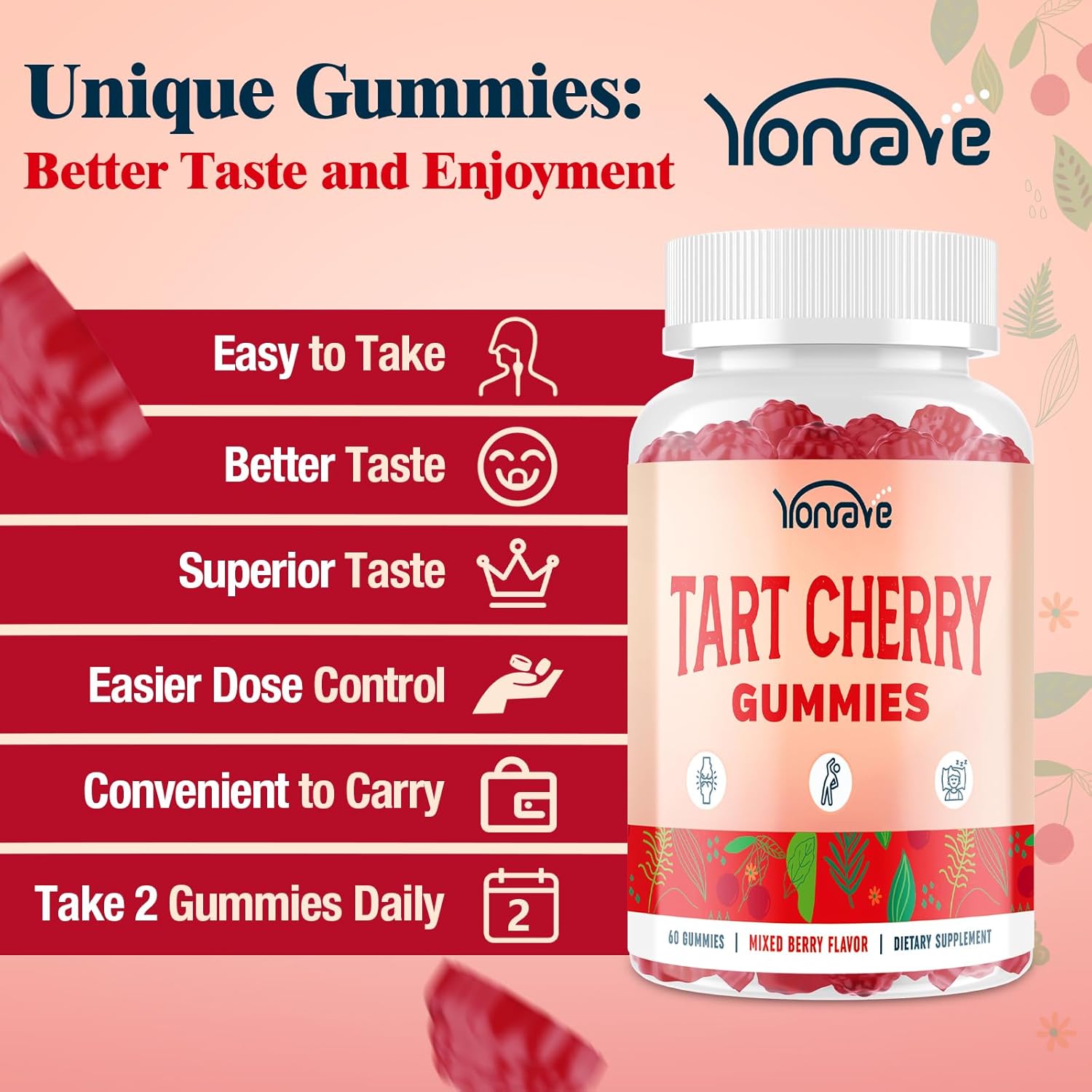 3300mg Tart Cherry Gummies for Uric Acid Cleanse, Sleep, Gout, Joint & Kidney Support – Tart Cherry Extract with Celery Seed, Melatonin, Vitamin C – Detox & Antioxidant – Mixed Berry Flavor, 60 Count - Image 4