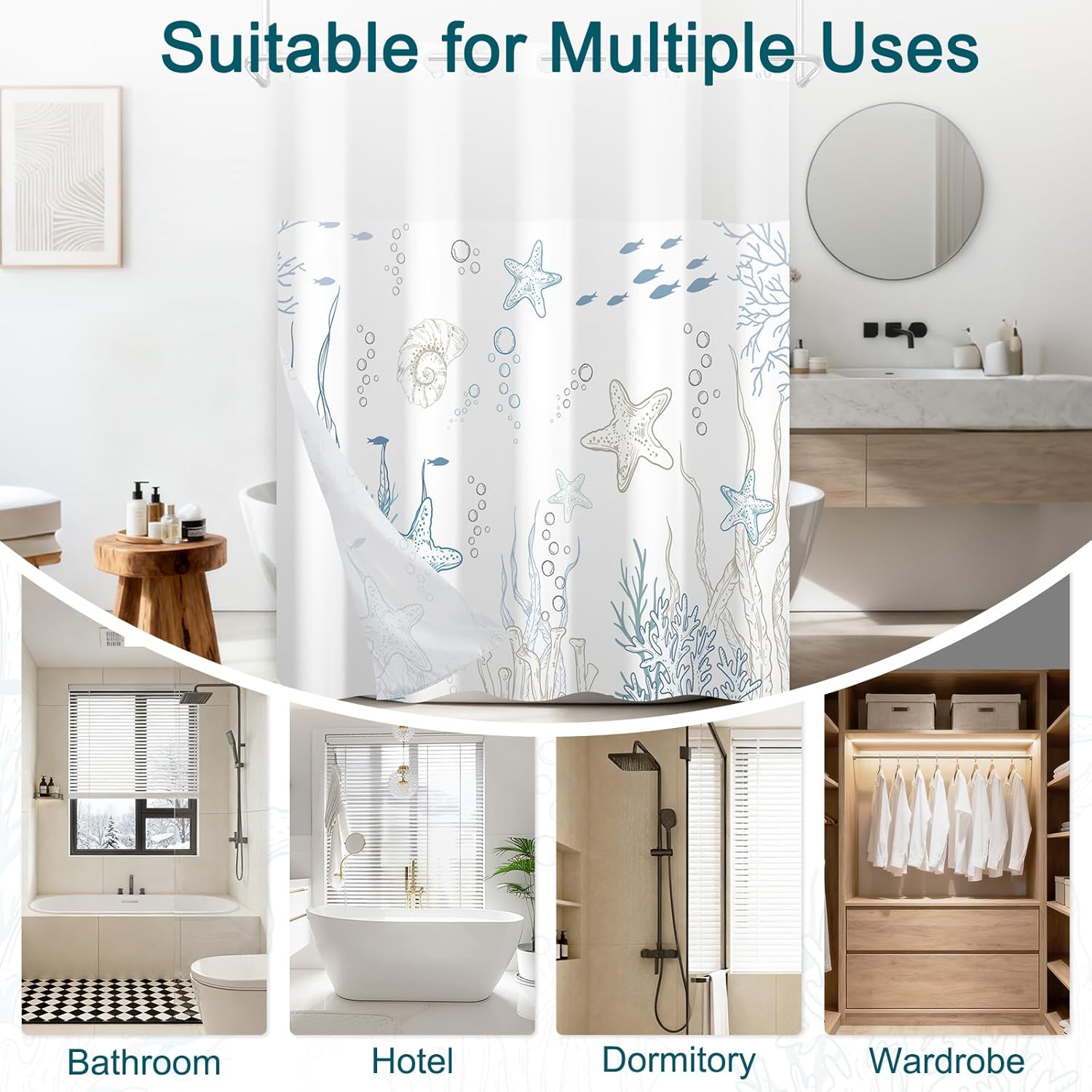 Coastal No Hook Shower Curtain with Snap in Liner, Double-Layer Waterproof Fabric Cloth Shower Curtains with Ventilation Window, Ocean Minimalist Undersea Starfish Blue Shower Curtain, 71x74 Inches