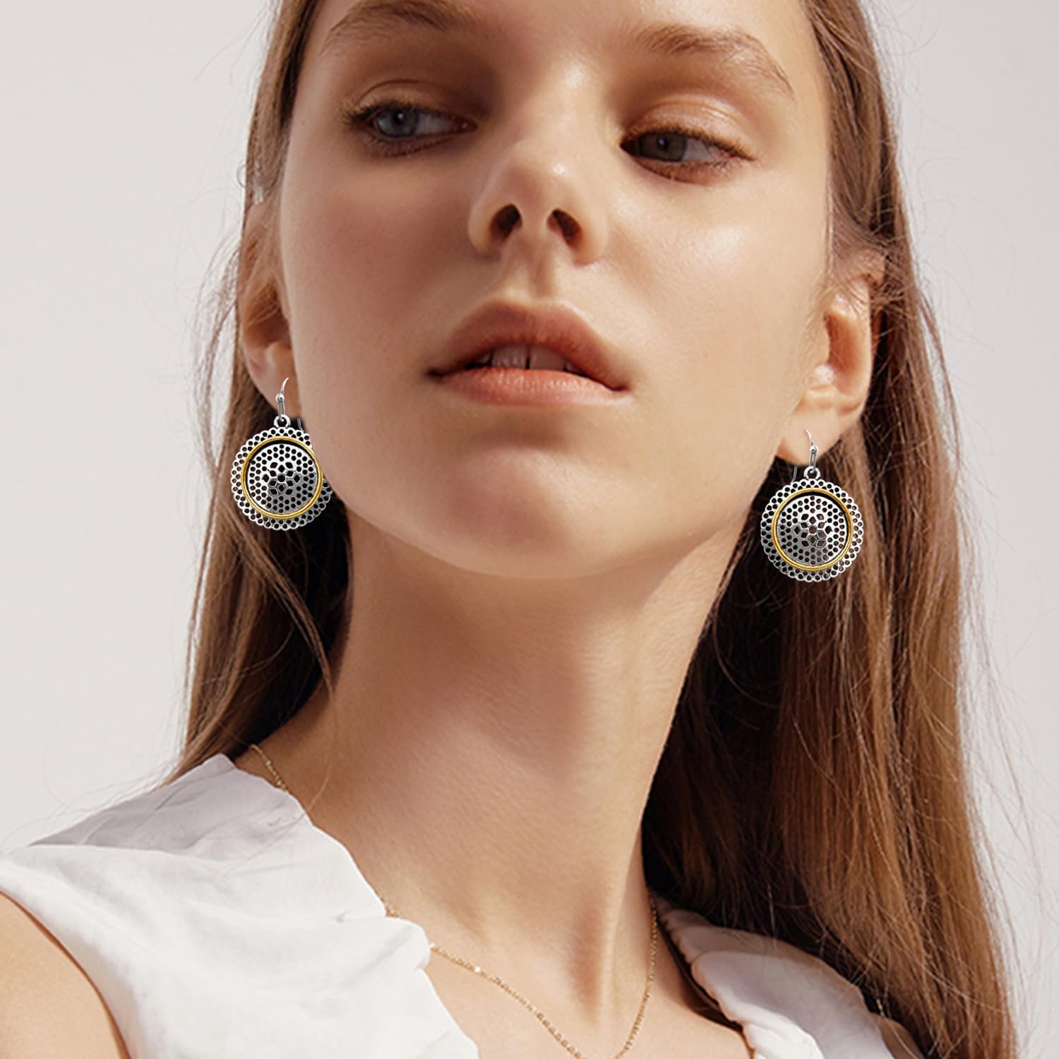 Classical Retro Exquisite Handmade Flower Circular Dangle Drop Earrings Unique Vintage Gold Silver Mixed Metal Two Tone Disc Hollow Earrings for Women - Image 5