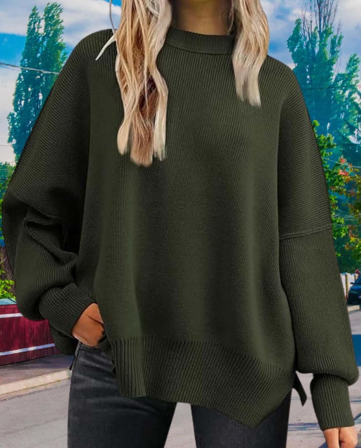 2025 Fall Womens Oversized Batwing Sweater Fashion Crew Neck Knit Side Slit Cozy Fall and Winter Pullover Sweater - Image 5