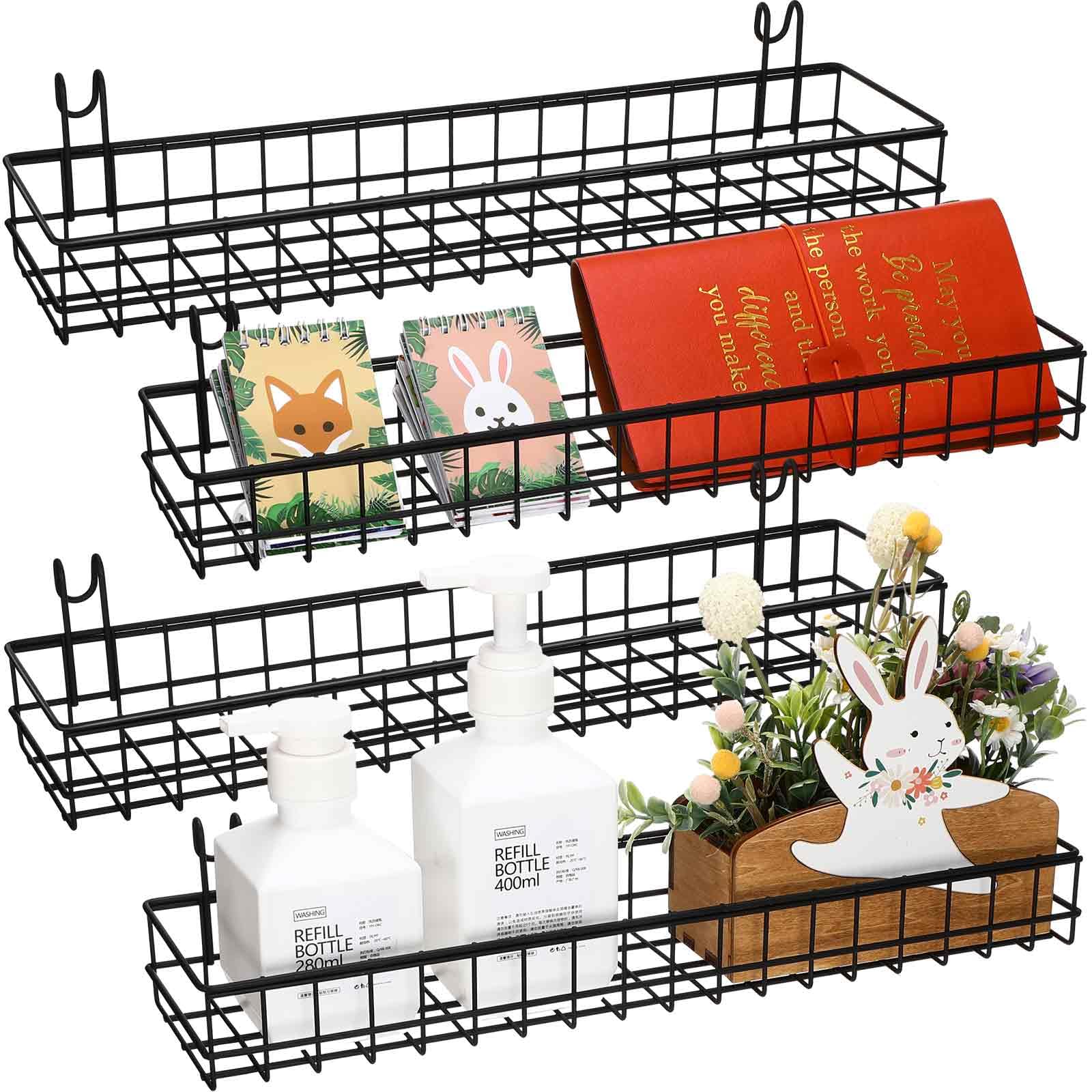 Blulu 4 Pcs 15.75 x 3.94 x 1.97 Inch Metal Grid Wall Baskets with Hooks Grid Wall Shelves Hanging Wire Basket Multi Function Storage Organizer for Kitchen Organizing Display (Black)