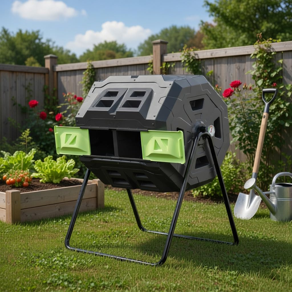 Compostador mejorado de 160 litros con termómetro de compost, contenedor de compostaje de jardín de doble cámara (verde)