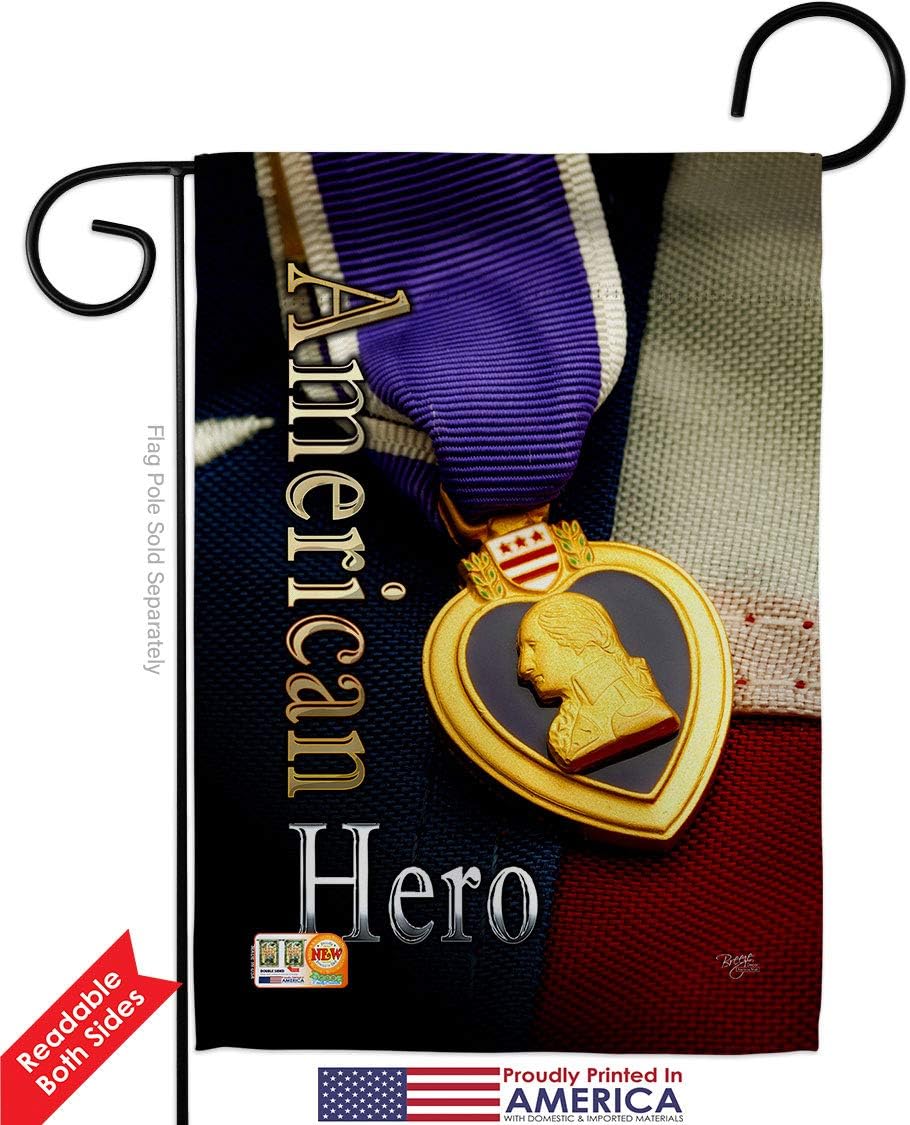 Purple Heart Hero Garden Flag Set Wall Holder Armed Forces Military Service All Branches Support Honor United State American Veteran Official Small Gift Yard House Banner Double-Sided 13 X 18.5