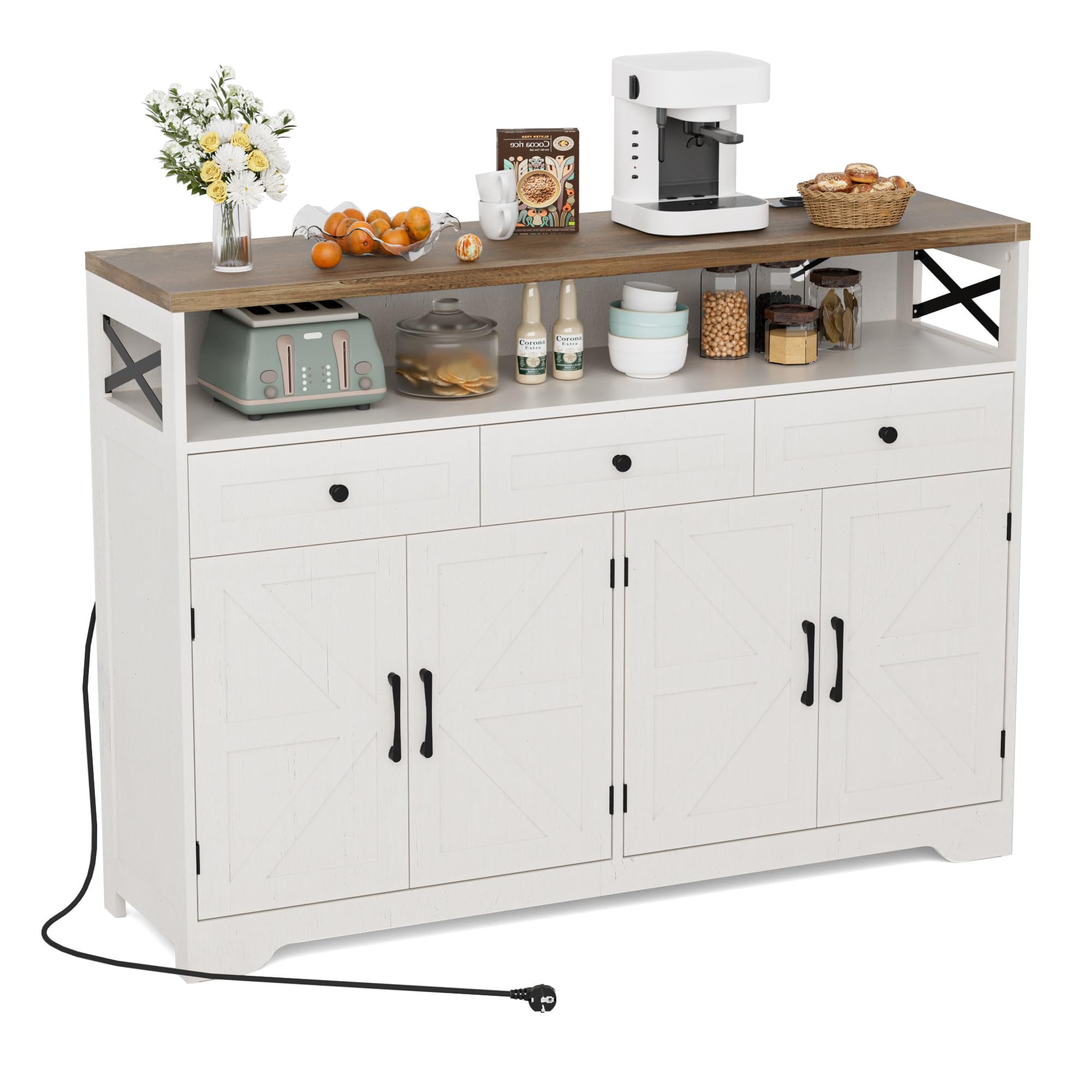 BonVache Sideboard, Küchenschrank mit Schubladen, Aufbewahrungsschrank, Anrichte mit Offenem Regal, Kaffeebar Schrank für Küche, Esszimmer, Wohnzimmer, 130 x 35 x 95cm, Cremeweiß in Holzoptik