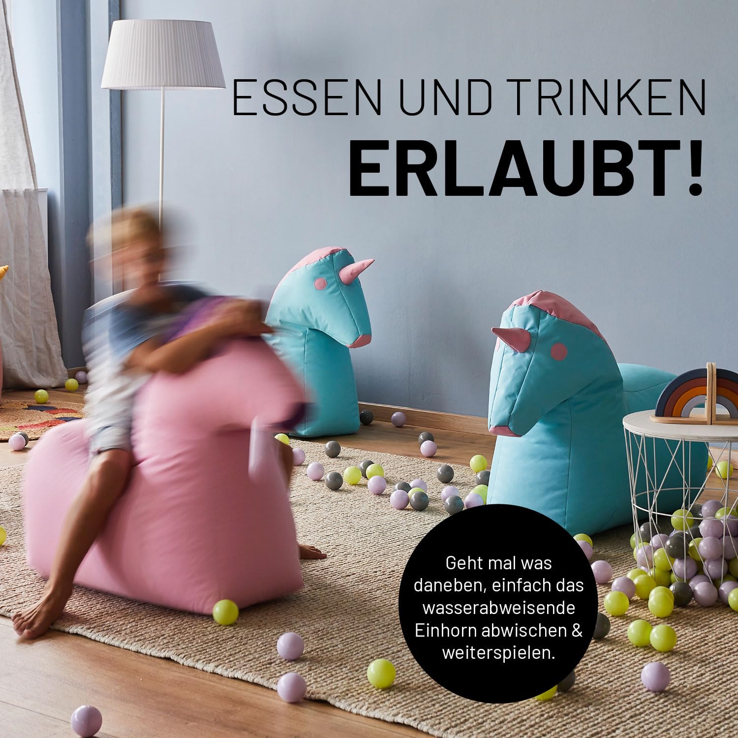 Lumaland Kindersitzsack Einhorn | Sitzsack Tier Familie für Kinder | Wasserabweisender Bean Bag für Indoor & Outdoor | Pflegeleichtes Material | 85 x 70 x 45 cm & 1,9 kg leicht [Pink/Grau]