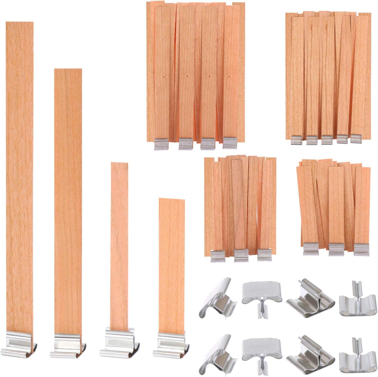 OBANGONG 80 Pieces Smokeless Natural Wooden Candle Wicks for Candle Making with Iron Stand Candle Cores for DIY Candle Making Craft,4 Sizes