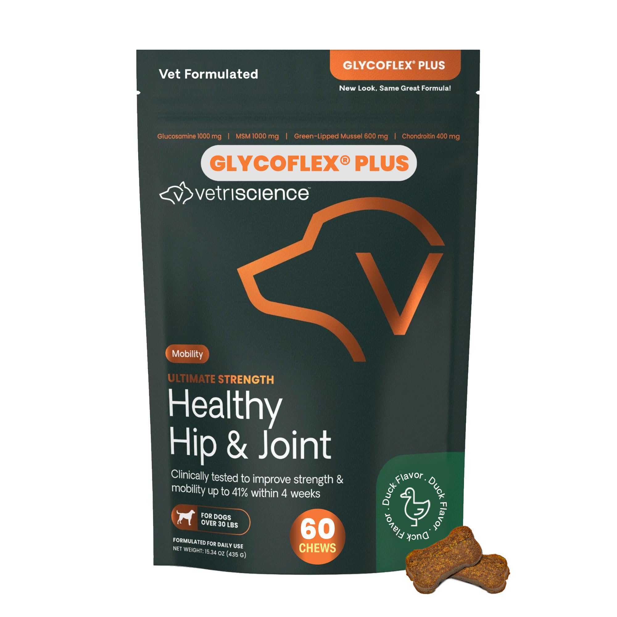 VETRISCIENCE Glycoflex 3 Clinically Proven Hip and Joint Supplement with Chondroitin and Glucosamine for Dogs, Duck, 60 Chews - Vet Recommended Mobility Support Supplement with DMG, MSM, and Perna