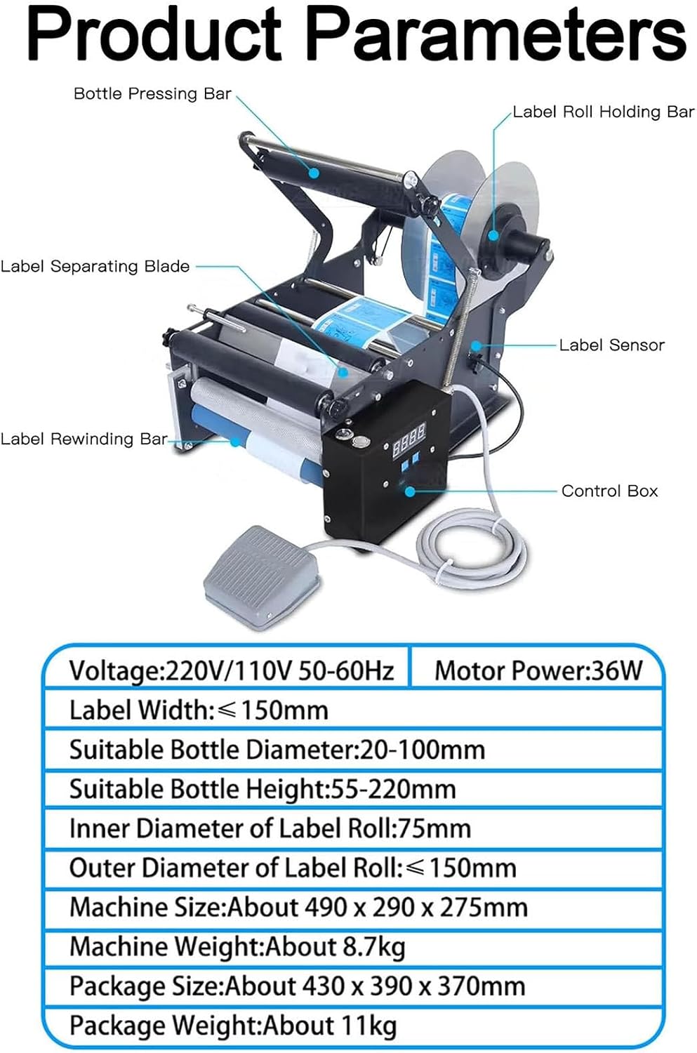 Semi Automatic Electric Round Glass Plastic Bottle Labeling Machine Sticker Label Applicator 30pcs/min Bottle Labeler for 15-100mm Diameter for Cosmetics,Food,Beverage Other Industries