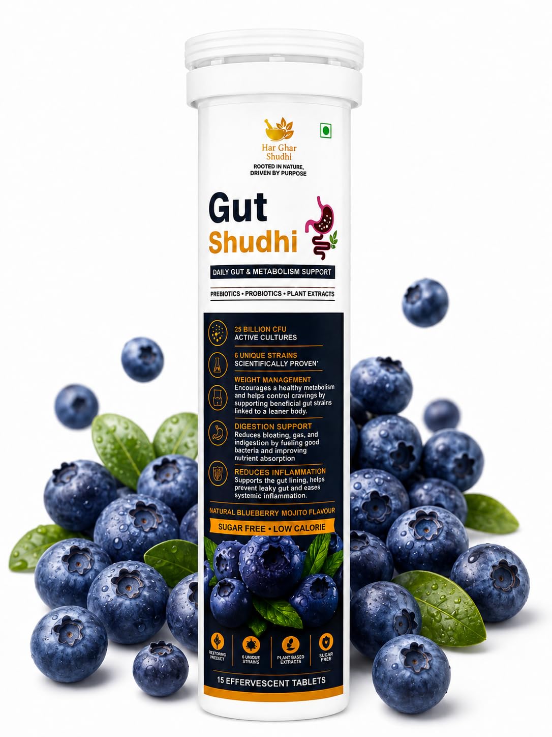 HarGharShudhi Gut Shudhi Effervescent Probiotic Tablets | 25 Billion CFU, 8 Strains + Prebiotic Fibre | Sugar Free Gut Health & Digestion Support | Blueberry Mojito Flavour | 15 Tablets-image-6
