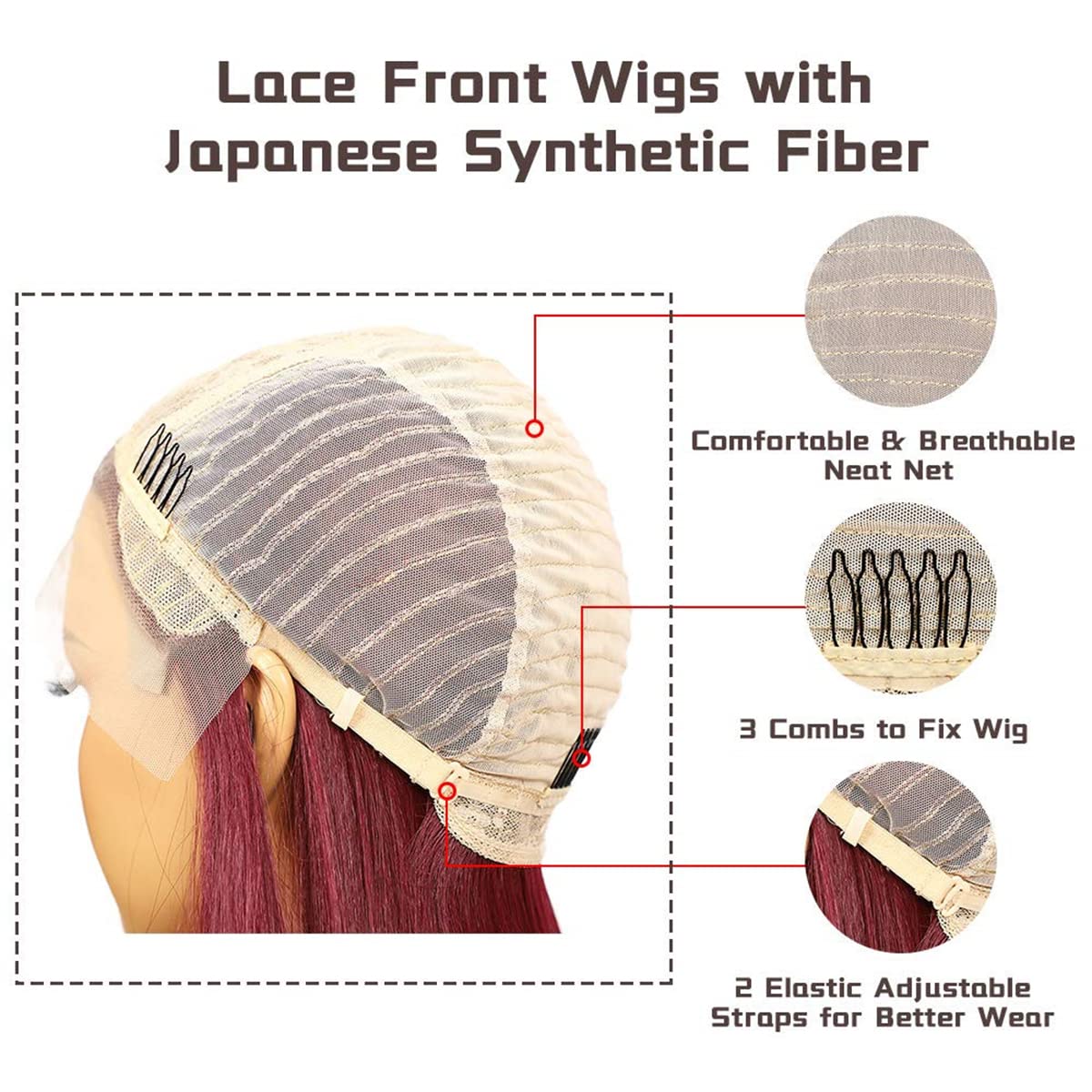 INPETS Synthetische Perücken Mit Spitze Vorne,Burgunderrote Synthetische Spitzeperücke Für Frauen Lange Gerade Faser Tägliche Hochzeit Make Up Schicht Tiefe Mittlere T Teil Hitzeperücke,26 inch