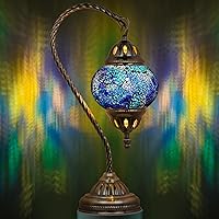 Marrakech Handmade Turkish Mosaic Table Lamp - Vintage Moroccan Tiffany Style Swan Neck Bronze Base, Shard Blue LED Bulb Included