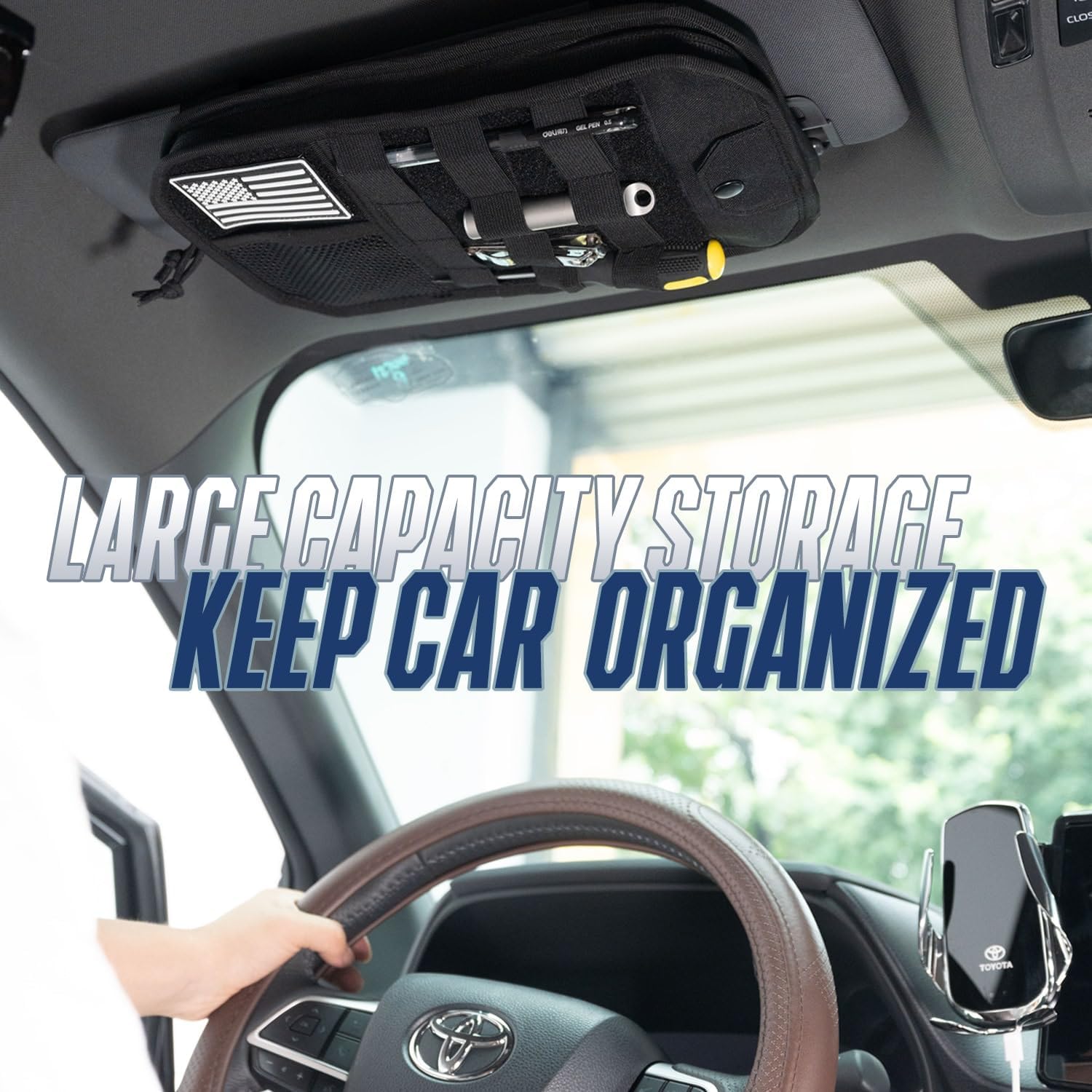 Hiseanllo Car Sun Visor Organizer, Multi-Pocket Visor Organizer Storage Pouch with Zippers, Elastic Bands & Glasses Clip, Car Visor Accessories