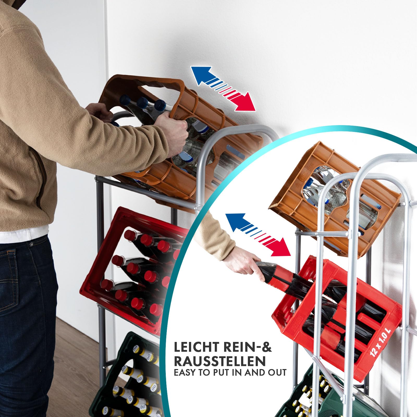 Floordirekt Getränkekistenregal für 3 oder 6 Kästen - Flaschenkastenregal Flaschenkastenständer - Regal für Getränkekästen mit Wandbefestigung (49,5 x 32,5 x 115,5 cm | Für 3 Kästen)
