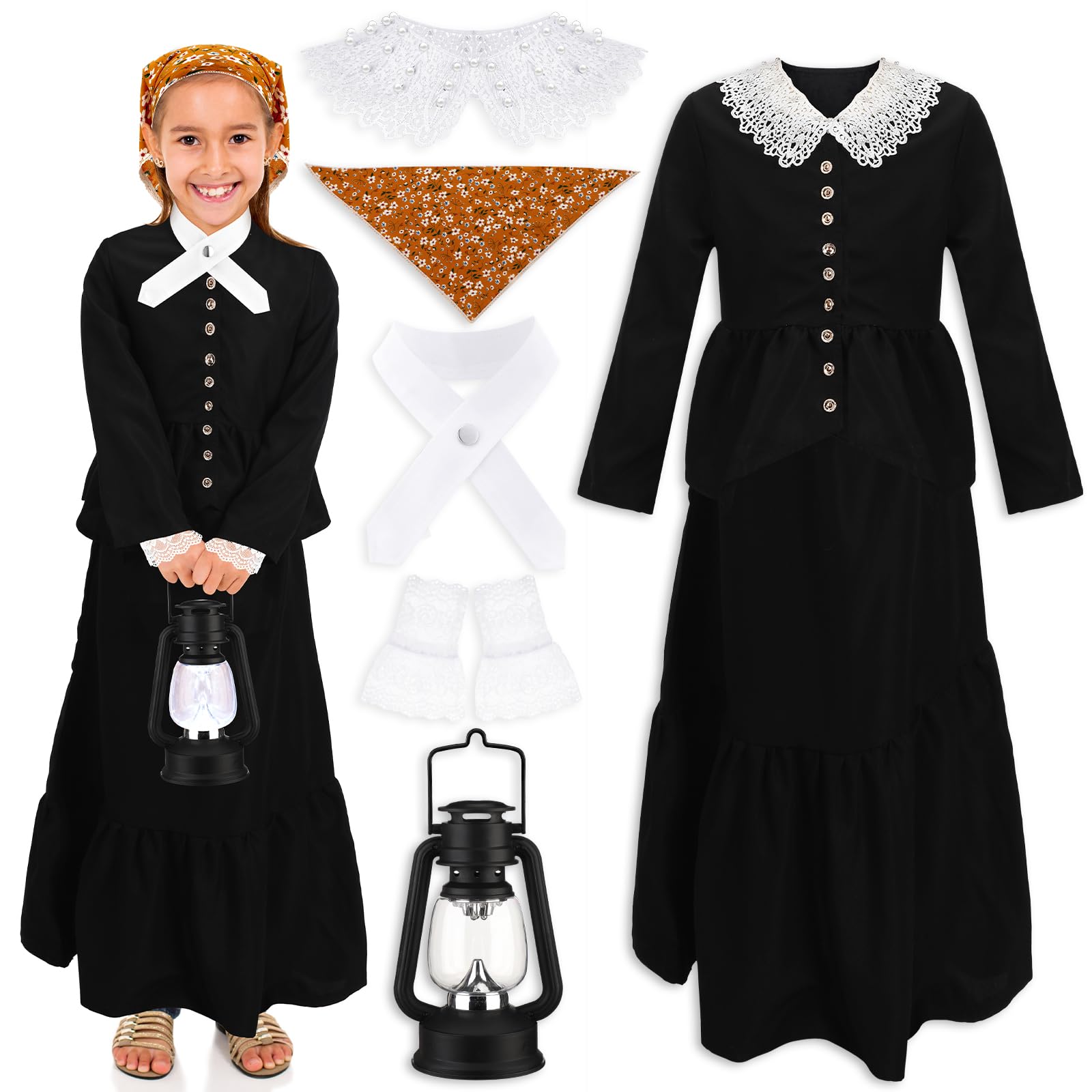Photo 1 of Panitay 6 Pc 1800s Colonial Costumes with Lace Cuffs Lace Collar LED Lantern for 100th Day of Cosplay Party(Medium)
