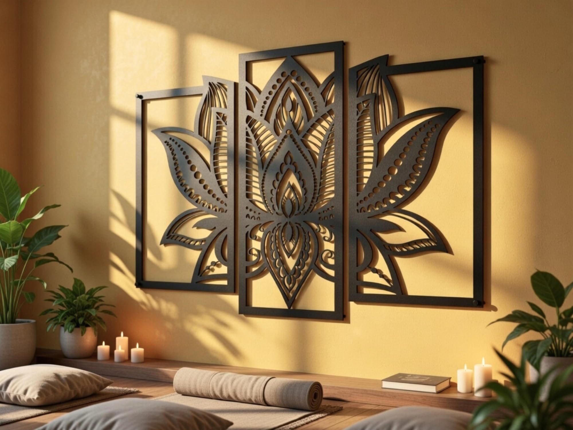 VAILLA Decoración de Pared Mural de Madera Decoración en Negro Dorado Decoración de Pared Hogar Arte de Pared 3D Decoración Moderna Cuadros para Hogar (Flor de loto)