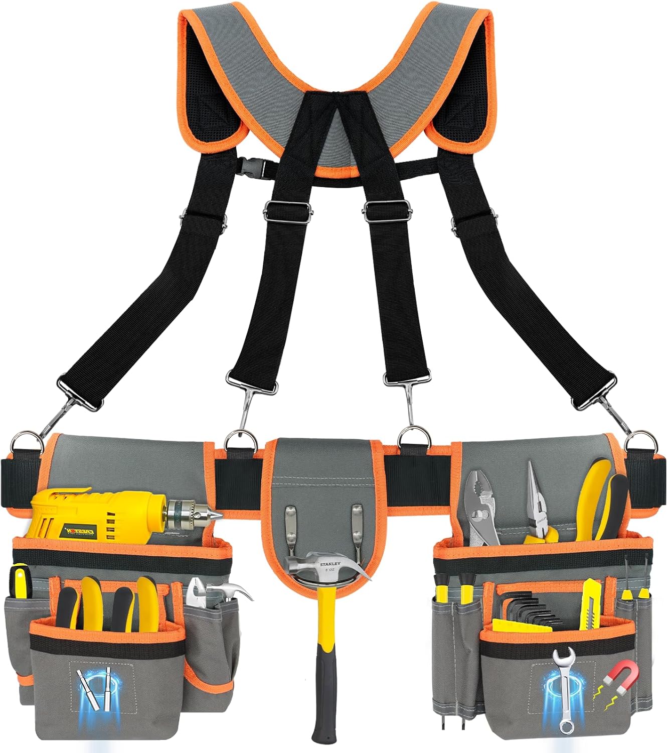 Tool Belts for Men with Magnetic Function, Large Capacity Carpenter Electrician Tool Belt with Suspenders for Men, Electrician Tool Pouch Bag with Adjustable Waist Size, Grey and Orange