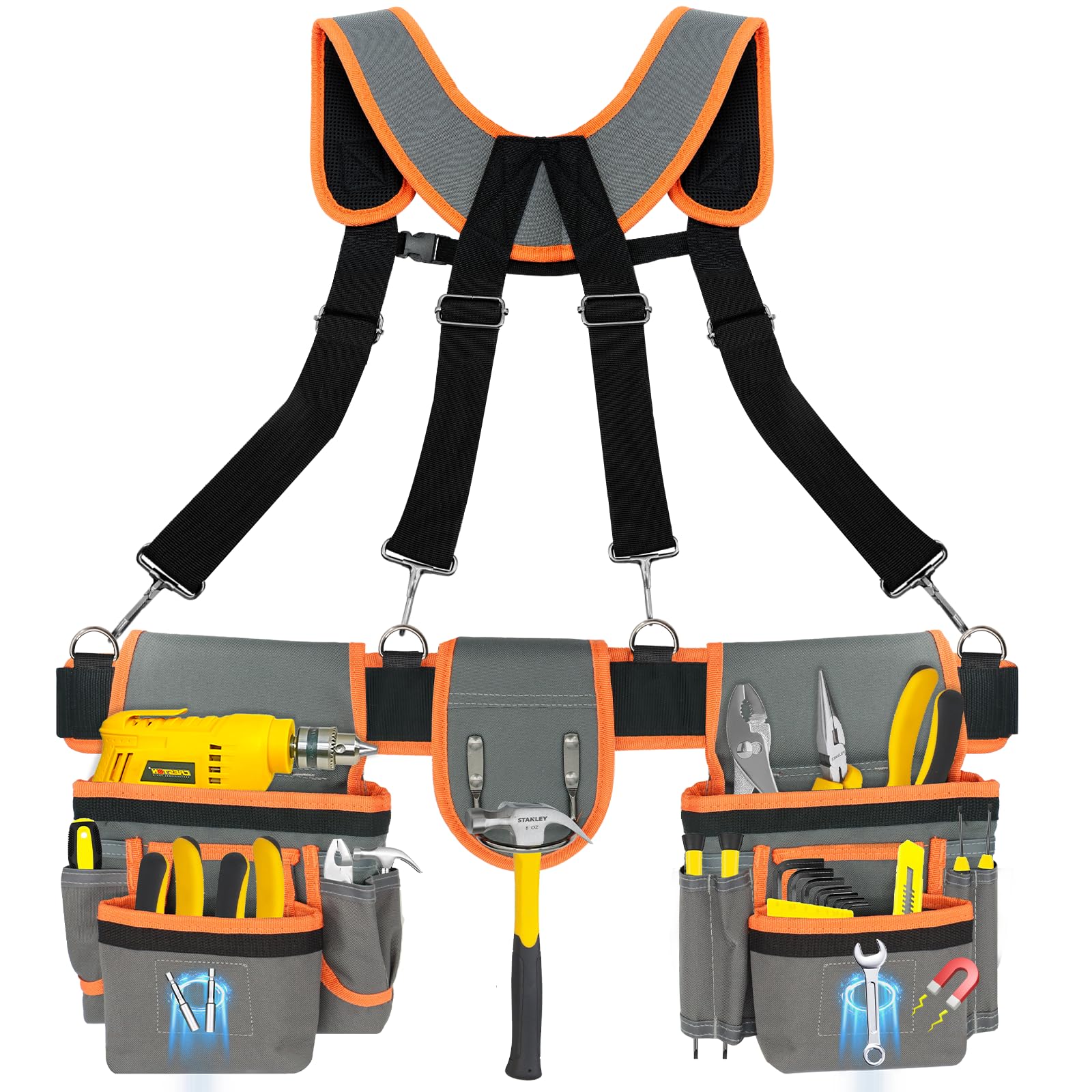 Cintura porta attrezzi da uomo con funzione magnetica, grande capacità, cintura per attrezzi da falegname, elettricista, con bretelle, borsa per attrezzi da elettricista, con vita regolabile, grigio e