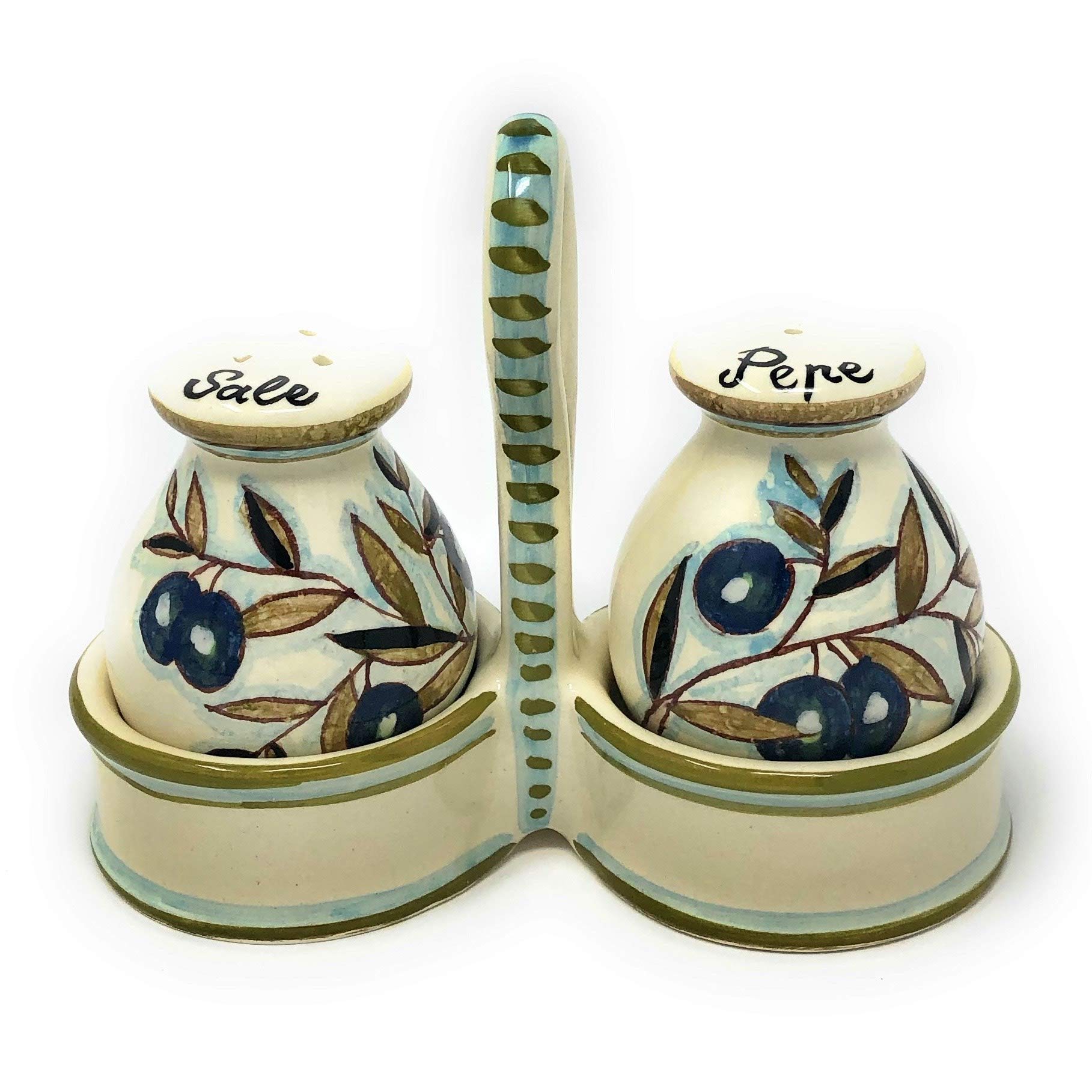 Italian Ceramic Set Salt and Pepper Shakers Pots Art Pottery Hand Painted Decorated Country Olives Made in ITALY Tuscan