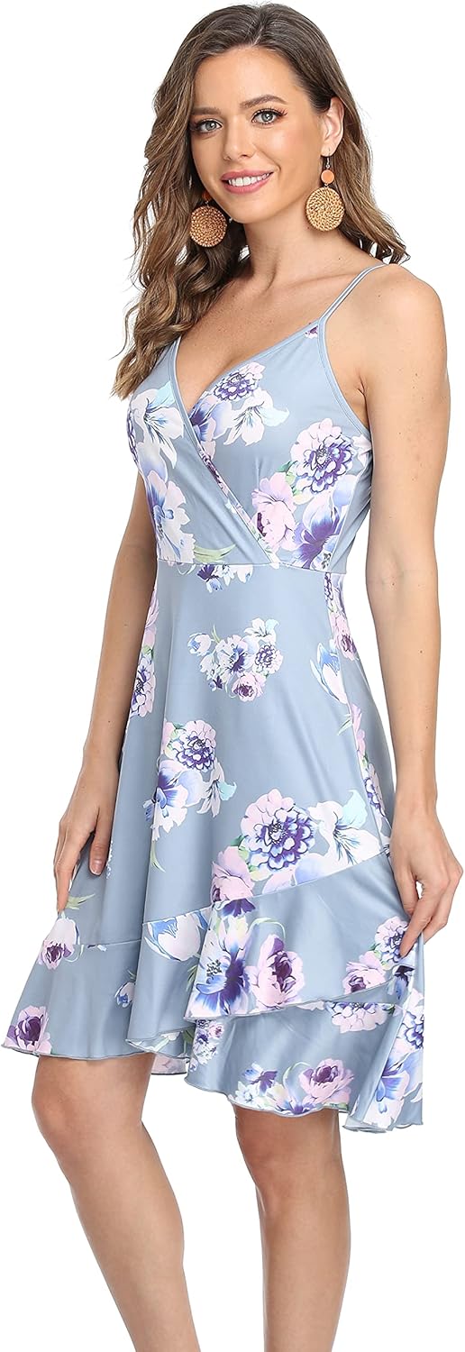 VintageClothing Women's Floral V Neck Sundresses Short Spaghetti Strap Swing Summer Mini Beach Dress - Image 5