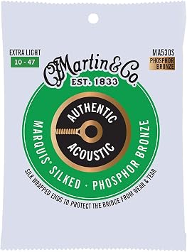 Martin Authentic Acoustic Marquis Silked Guitar Strings Phosphor Bronze, Extra Light Gauge | Warm, Balanced Tone with Bridge Protection | Silk-Wrapped Ball Ends