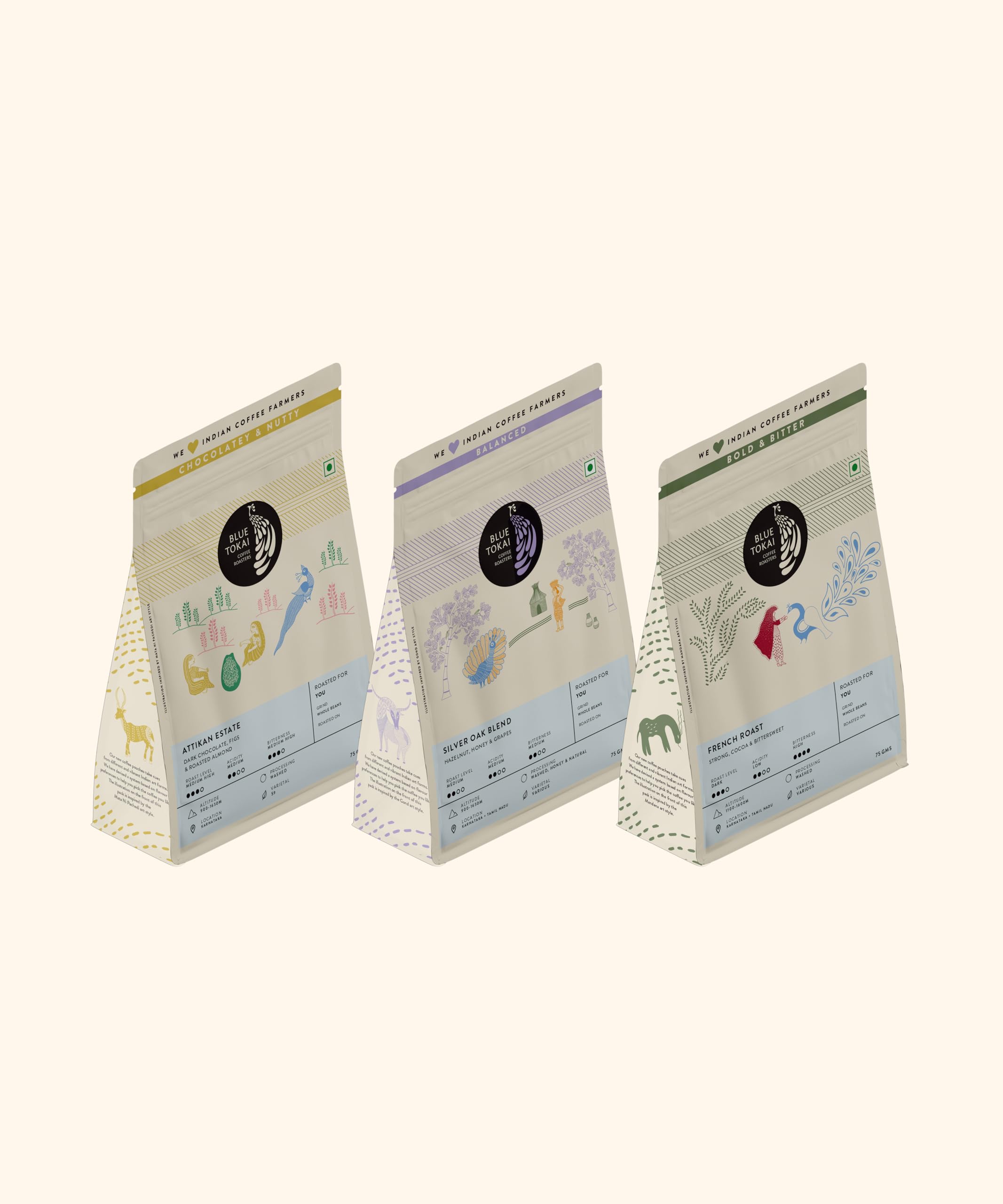 Blue Tokai Coffee Roasters Sampler Pack of Coffee Blends | Attikan Estate, Silver Oak Blend and French Roast - Medium Roast | Whole Beans 75g Each | 100% Arabica Beans | Specialty Grade | Pack Of 3