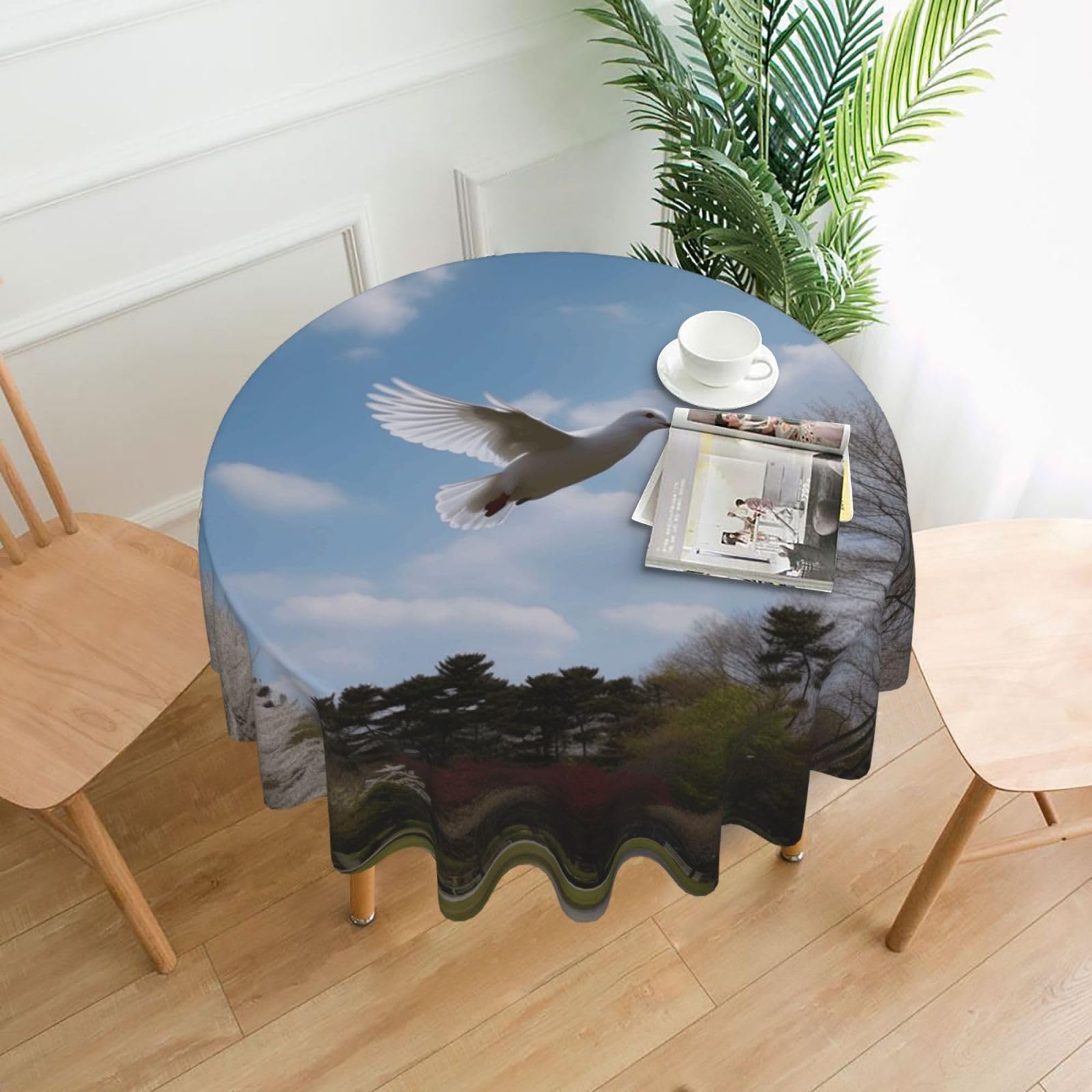 QMKFWT A White Dove Flies By Printed Round Tablecloth,Dust-Proof Wrinkle Resistant Table Cover Washable Polyester Table Cloth for Kitchen Dining Room Farmhouse Picnic Indoor Outdoor(Round 60 Inch)