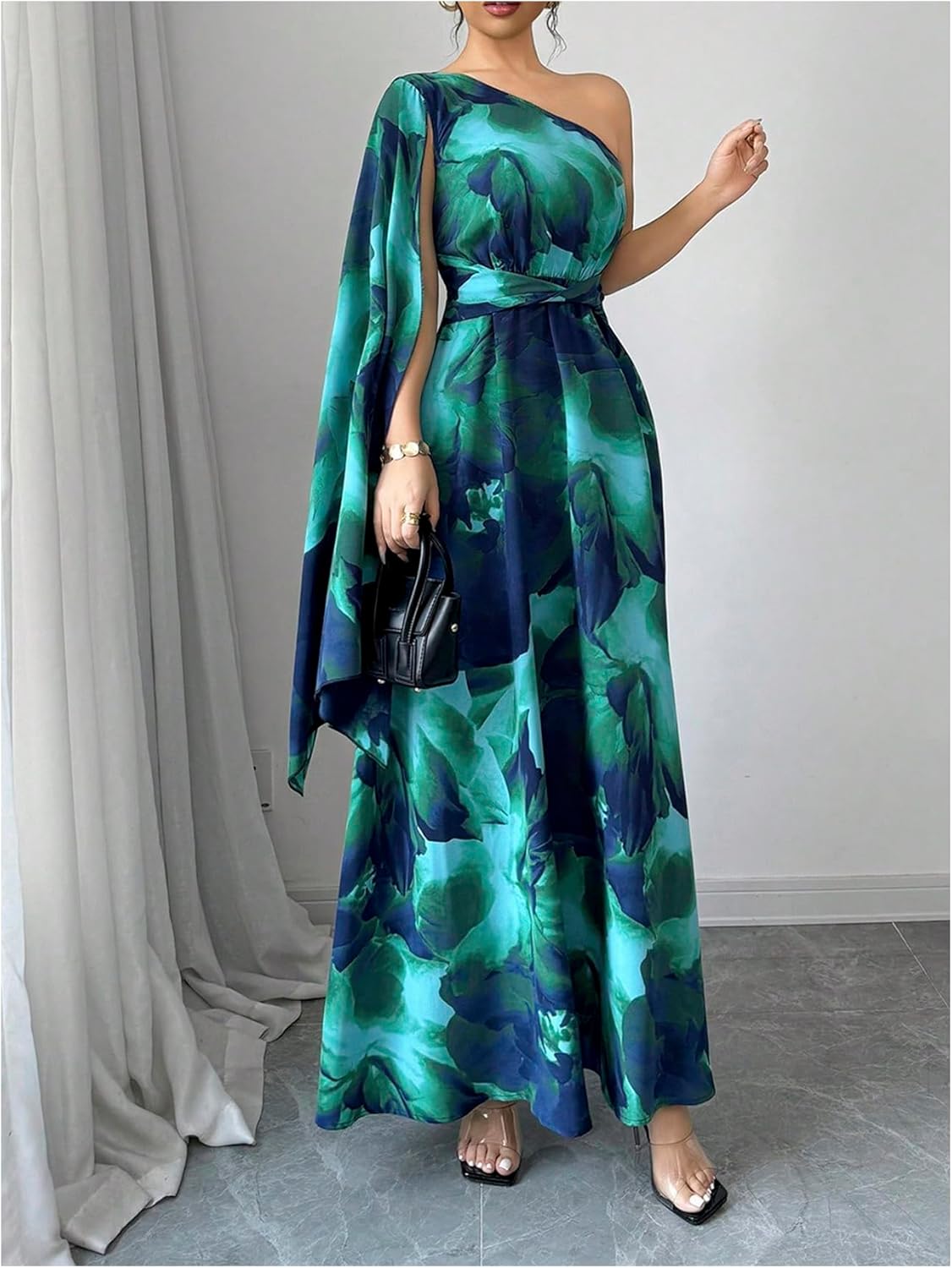 GORGLITTER Women's Floral Prom Cape Dress One Shoulder Wedding Guest Evening Cocktail Formal Long Bridesmaid Maxi Dress - Image 3