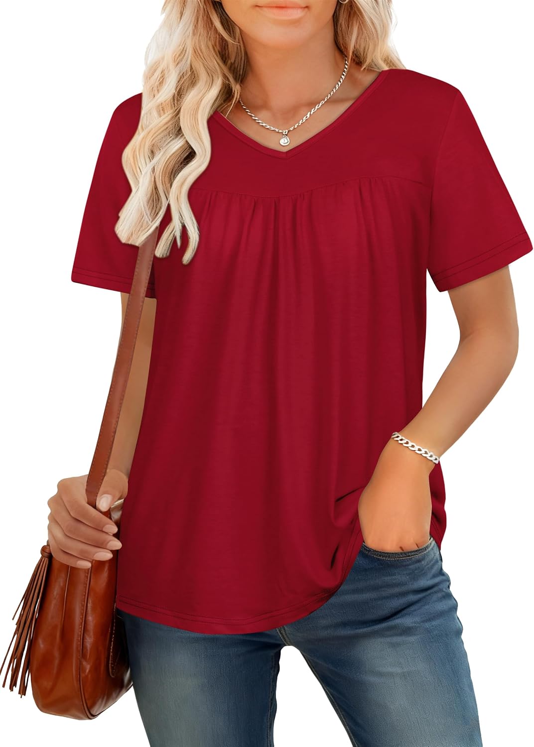 T Shirts for Women Short Sleeve Tops Casual Pleated Front Blouses V Neck Summer Tees 2026