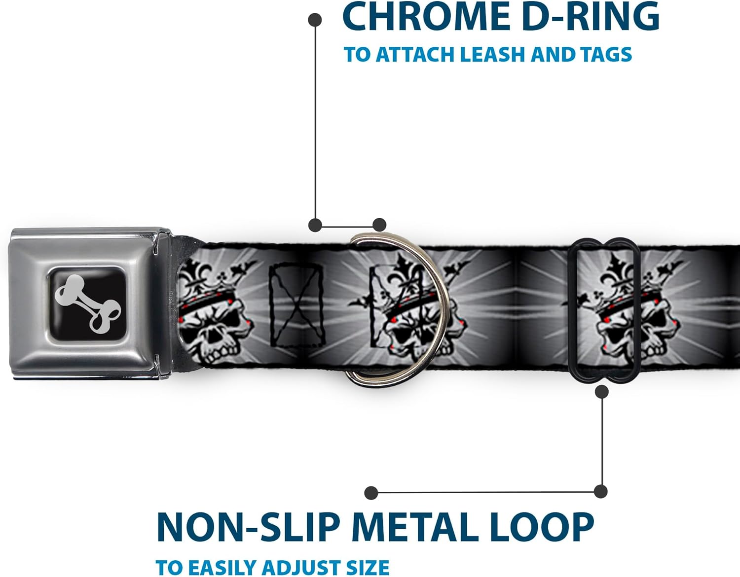 Buckle-Down Dog Collar Seatbelt Buckle King Skull Blocks Rays Grays Available In Adjustable Sizes For Small Medium Large Dogs, 1.5" Wide - Fits 18-32" Neck - Large