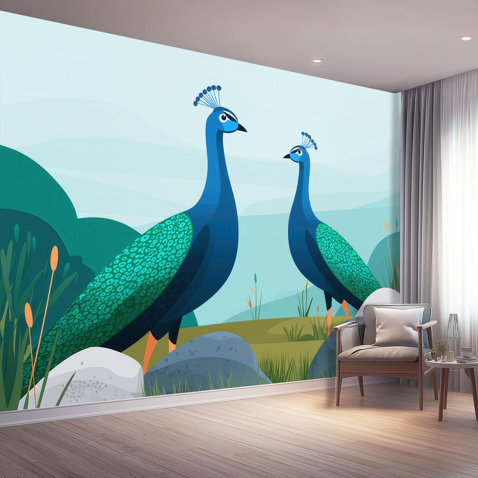 Pflanze Grasland Fels Tier Pfau Drucken Vliestapete Tapete