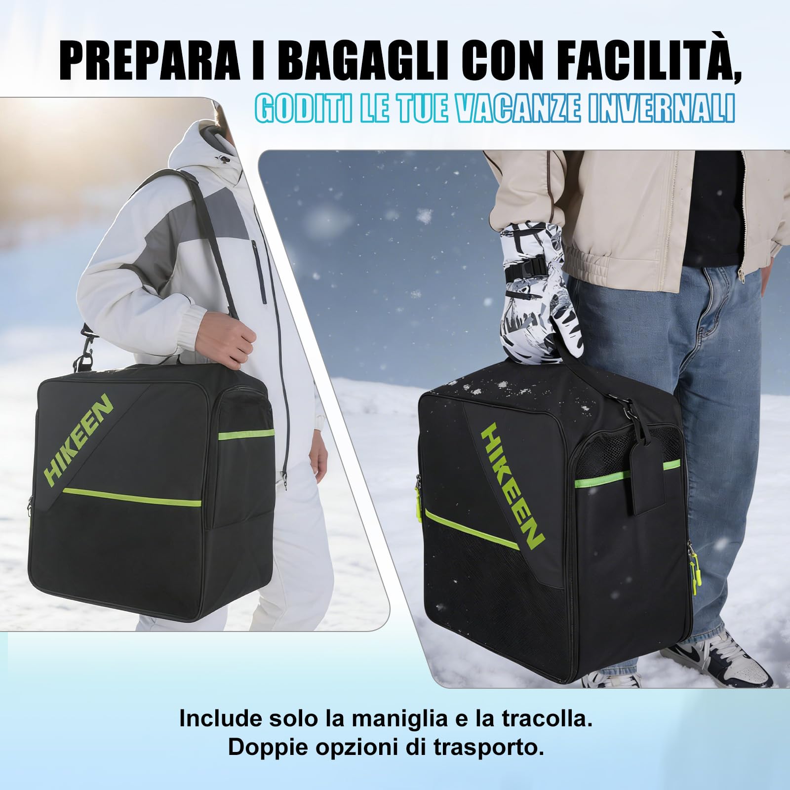 Hikeen Zaino Portascarponi da Sci con Scomparto per Casco, 40L, Ventilazione a Rete, Base Rinforzata Eva, Apertura Ampia e Materiale Resistente, per Sci e Pattinaggio