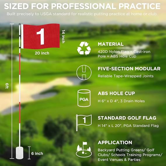 KINGTOP 6 ft Golf Flagstick Sets, 5-Section with Flags and Cups