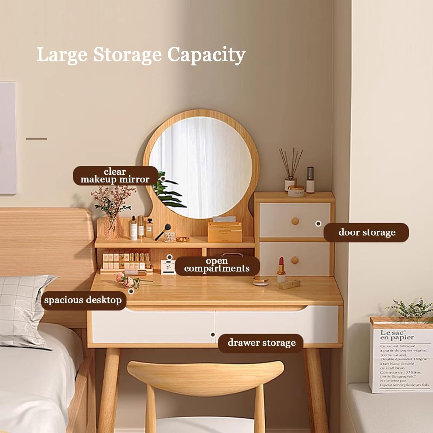 ZTGL Small Makeup Vanity Desk with Lights, Girls Vanity Set with Mirror, Dressing Table with Storage Shelves, Make Up Dresser Table with Drawers for Bedroom Small Space,Oak Color,A2