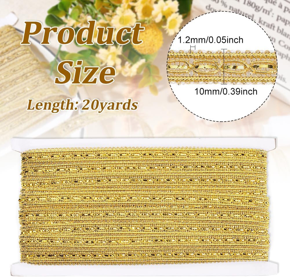 FINGERINSPIRE 20 Yards Metallic Braid Trim with 8-Shape Pattern Gold Sequins Lace Ribbon 3/8" Decorated Trim for Christmas Holiday Decoration Wedding DIY Clothes Accessories Jewelry Crafts Sewing