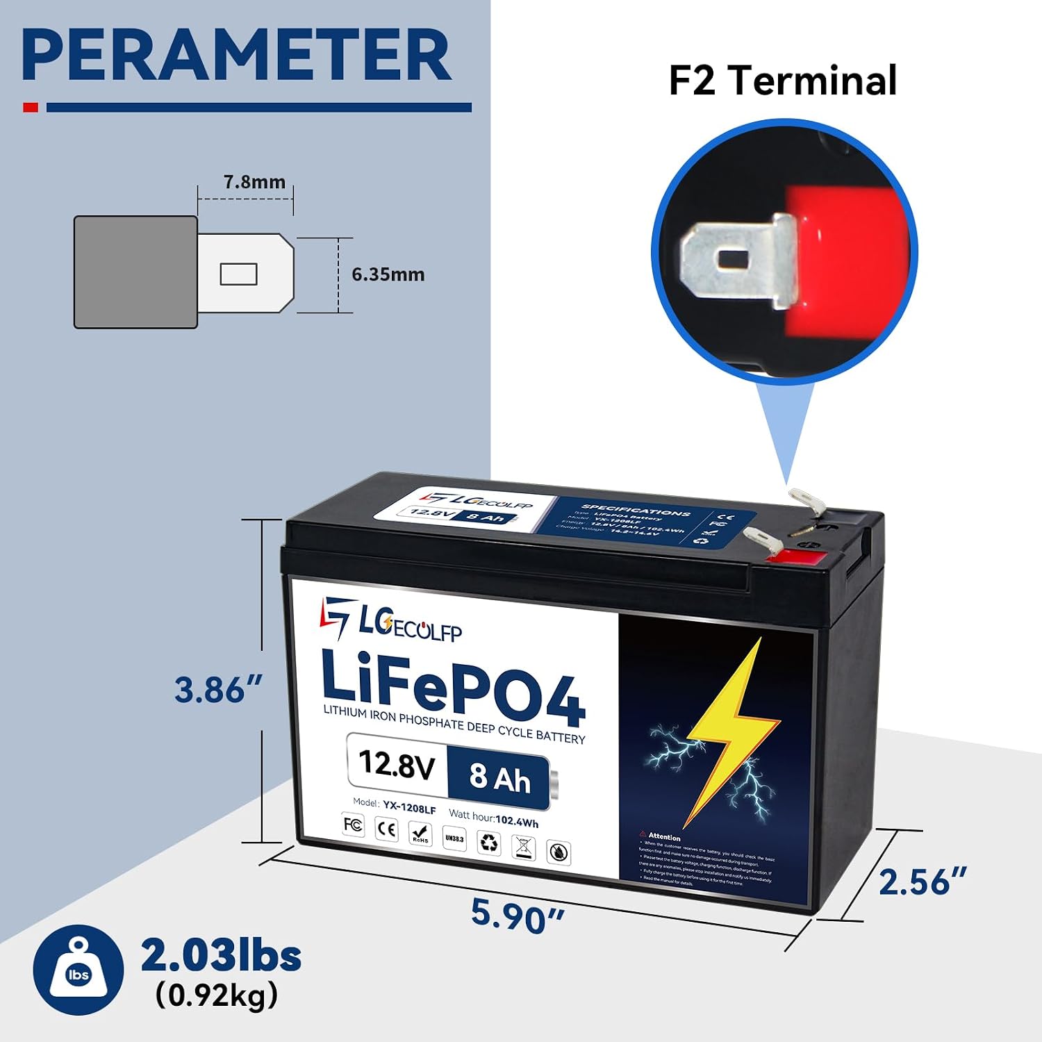 12V 8Ah Lithium LiFePO4 Deep Cycle Battery, 3000+ Cycles Rechargeable Battery Built-in 10A BMS Perfect for Ride on Toys, Scooters, Fish Finders, Small Ups Backup, Solar System, Lighting etc