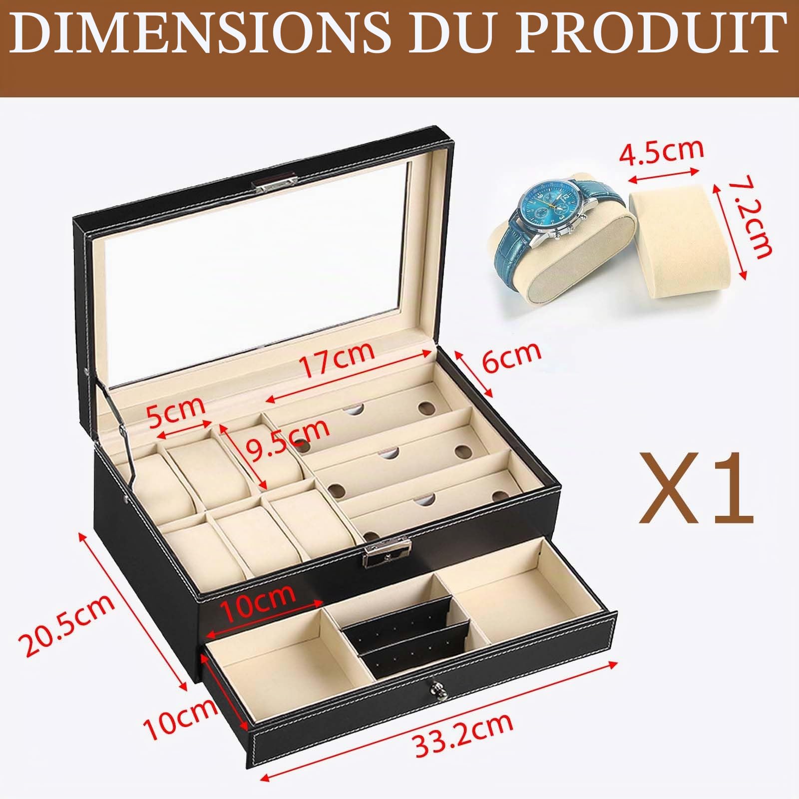 Boite Montre avec 6 Porte Montres, Coffret Montre Homme, Boite à Bijoux, Rangement Lunette de Soleil, Rangement Montres, Lunettes de Soleil, Bijoux et Accessoires