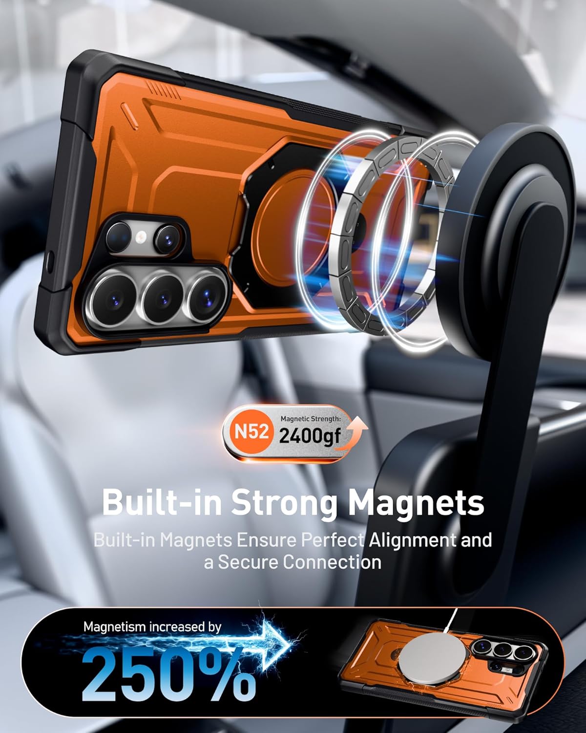 Poetic for Galaxy S26 Ultra Case | 360° Rotate Magnetic Ring Kickstand | Compatible with MagSafe | Military Grade Drop Proof Protection Cover | 2 Tempered Glass Screen Protector | Metallic Orange